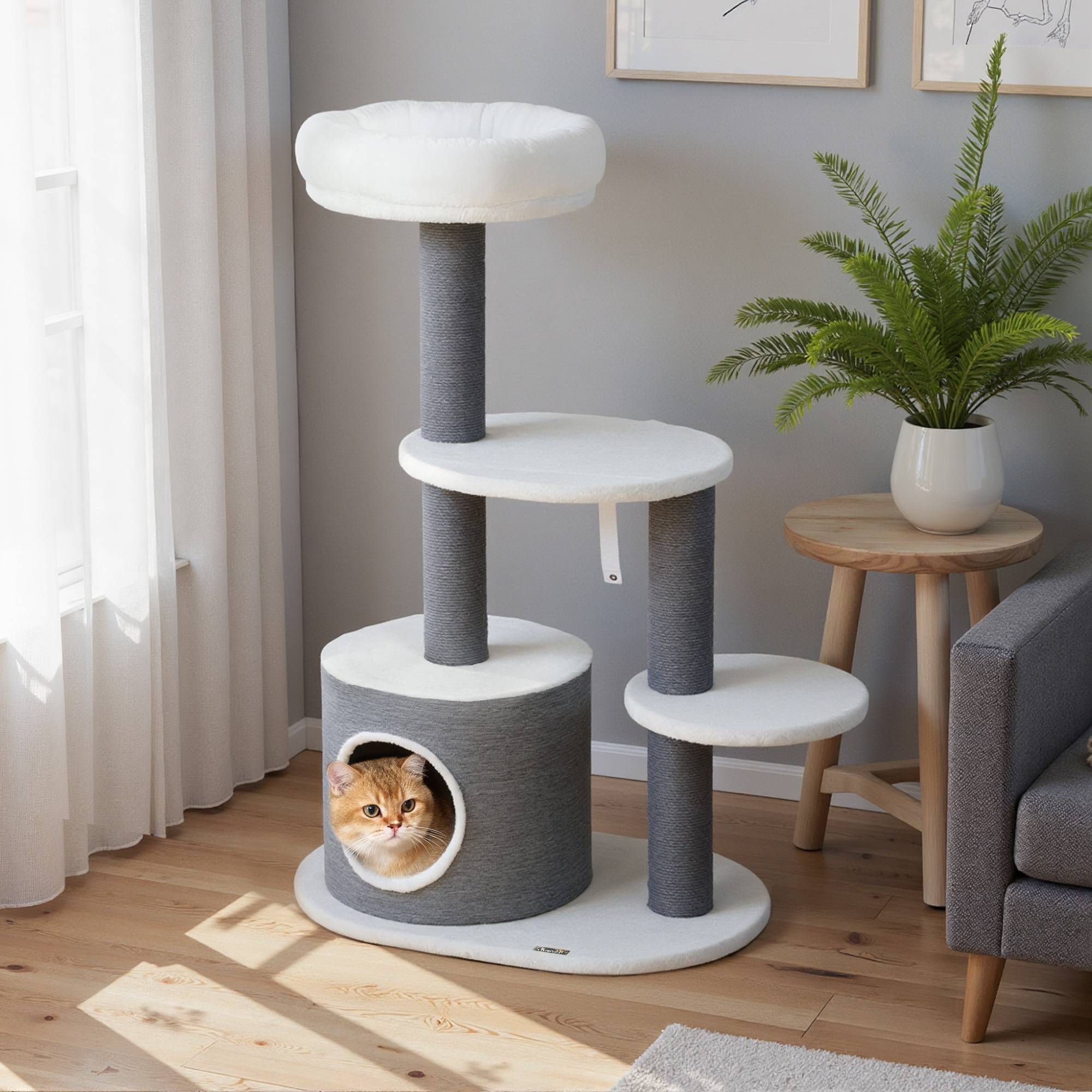 Arbre à chat bois peluche intérieur jeu repos griffoir jute 98cm gris blanc - ComfortXL Outdoor Living - Image 4