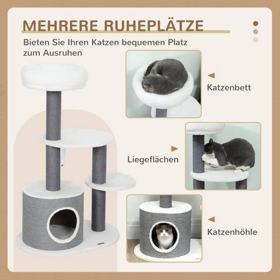 Arbre à chat bois peluche intérieur jeu repos griffoir jute 98cm gris blanc - ComfortXL Outdoor Living - Image 7