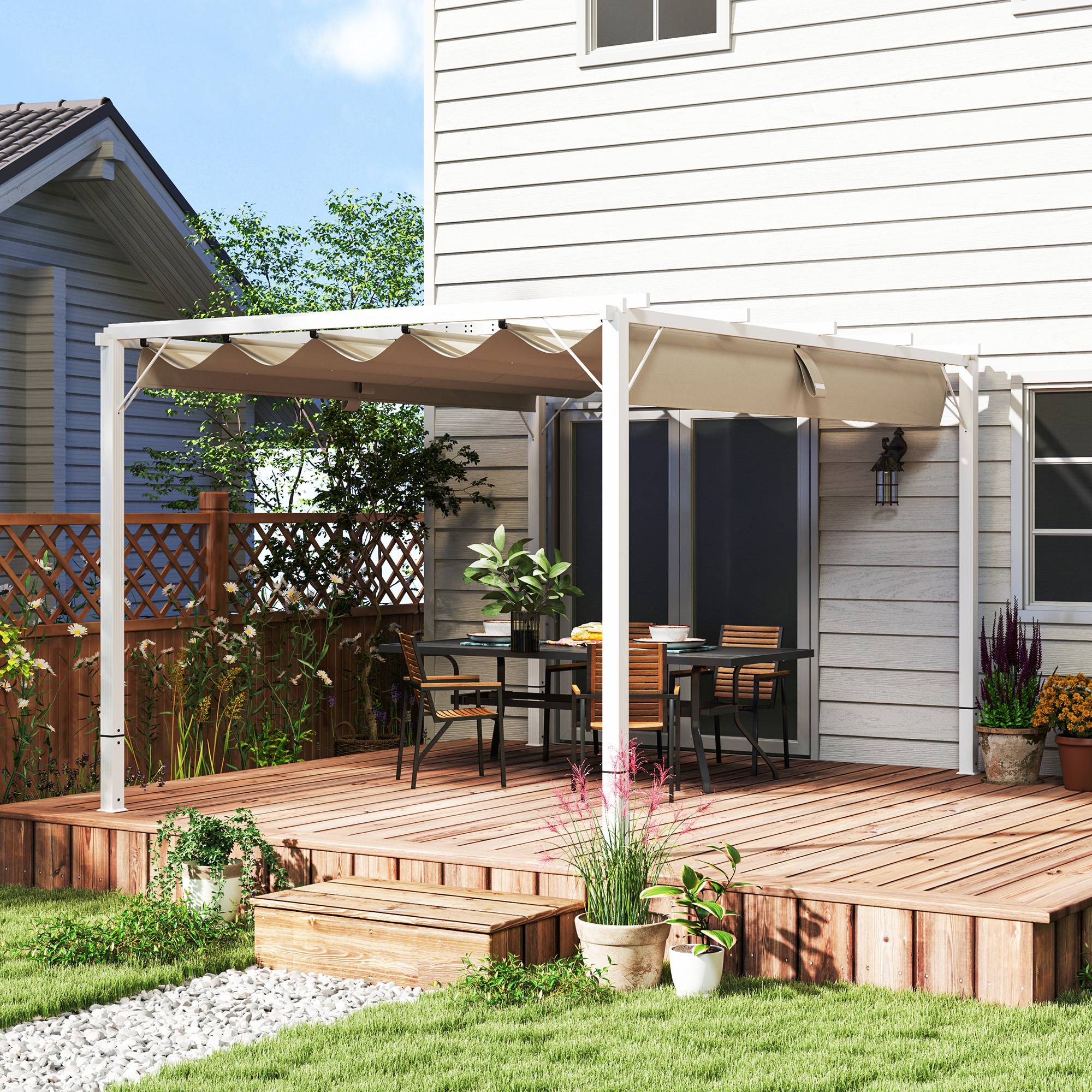 Pergola toit rétractable aluminium terrasse protection solaire 382x300cm blanc - ComfortXL Outdoor Living - Image 3