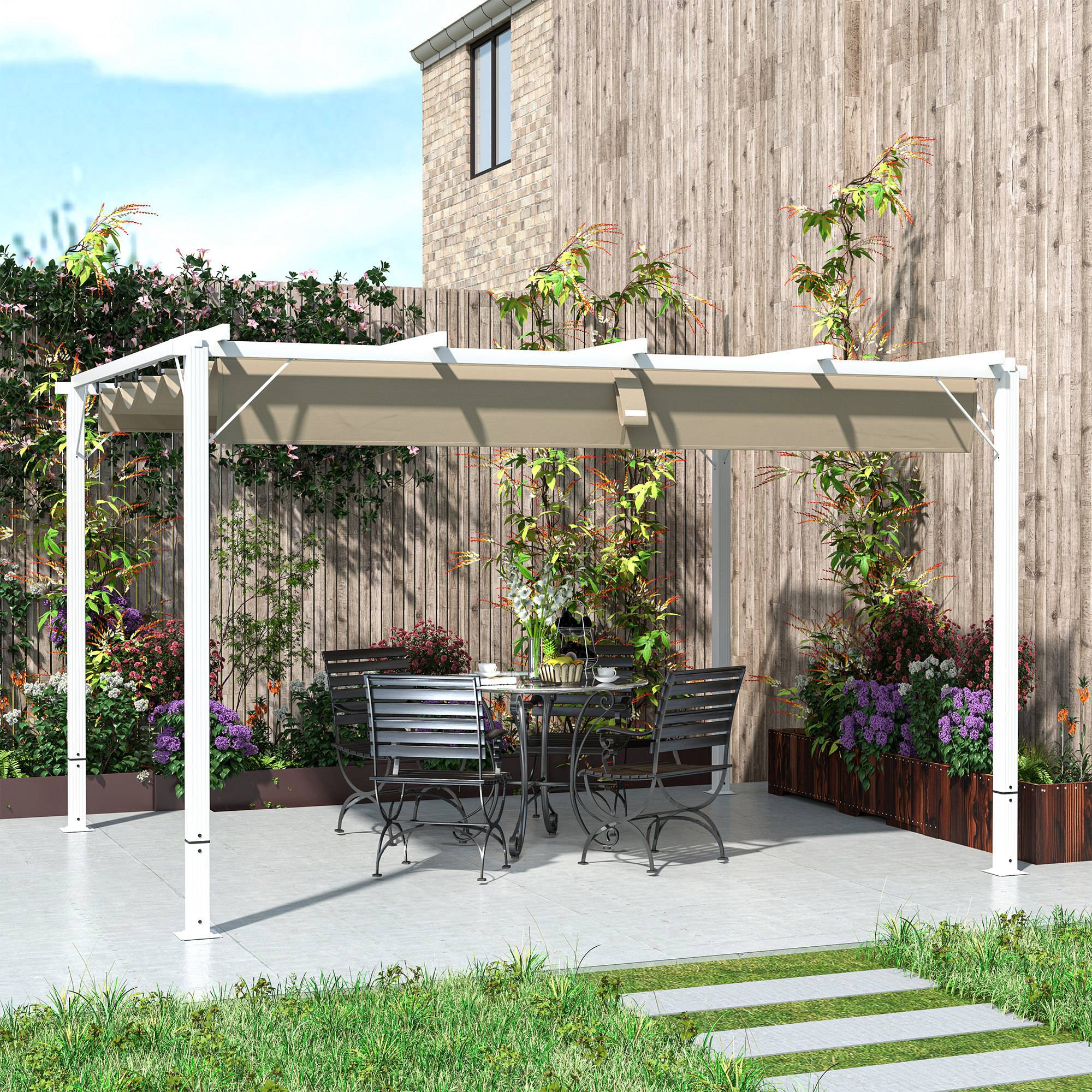 Pergola toit rétractable aluminium terrasse protection solaire 382x300cm blanc - ComfortXL Outdoor Living - Image 10