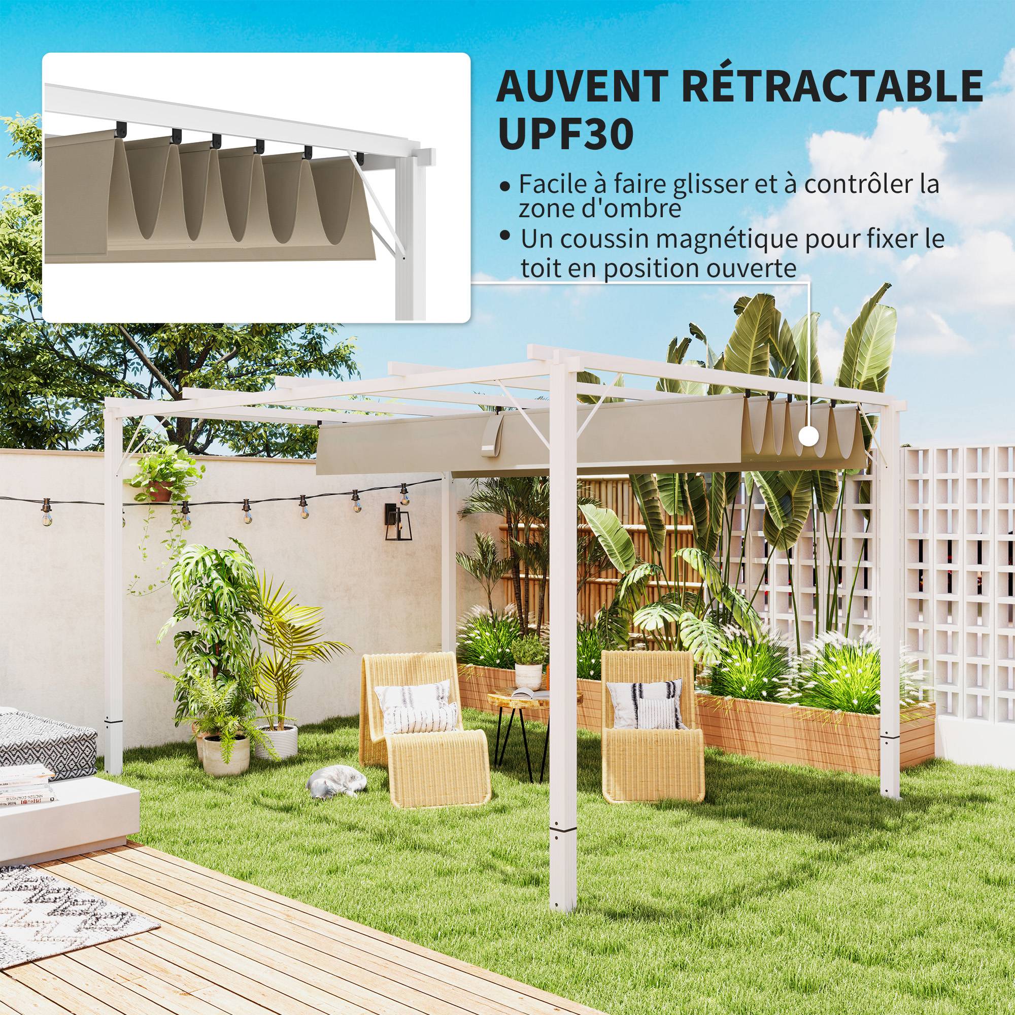 Pergola toit rétractable aluminium terrasse protection solaire 382x300cm blanc - ComfortXL Outdoor Living - Image 6