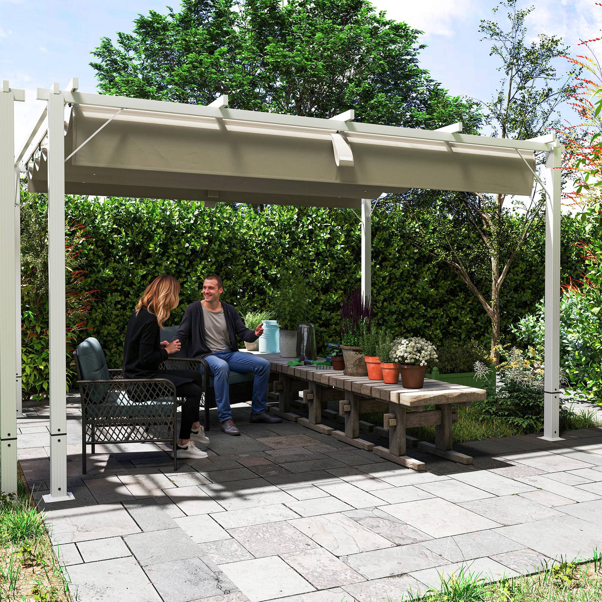 Pergola toit rétractable aluminium terrasse protection solaire 382x300cm blanc - ComfortXL Outdoor Living - Image 9