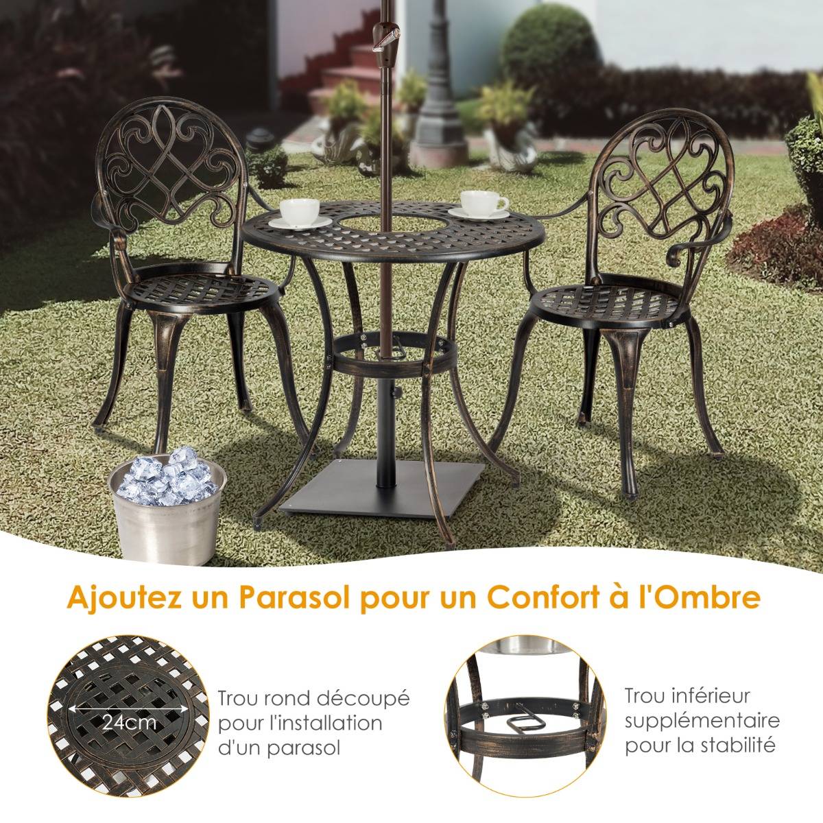 Ensemble 3 Pièces Salon de Jardin en Fonte d'Aluminium avec Seau à Glace Amovible Chaise avec Accoudoir Charge 100KG pour Balcon Terasse - Image 6