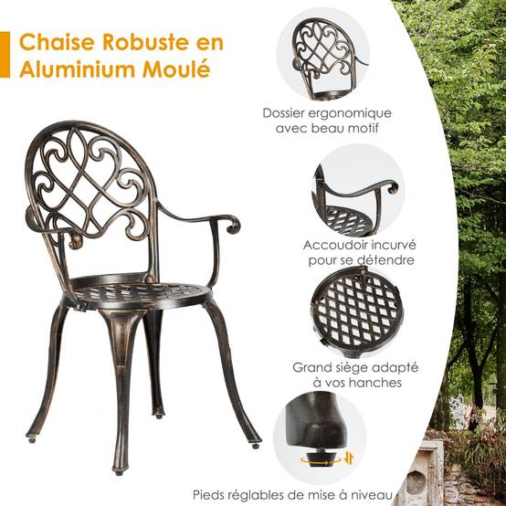 Ensemble 3 Pièces Salon de Jardin en Fonte d'Aluminium avec Seau à Glace Amovible Chaise avec Accoudoir Charge 100KG pour Balcon Terasse - Image 4