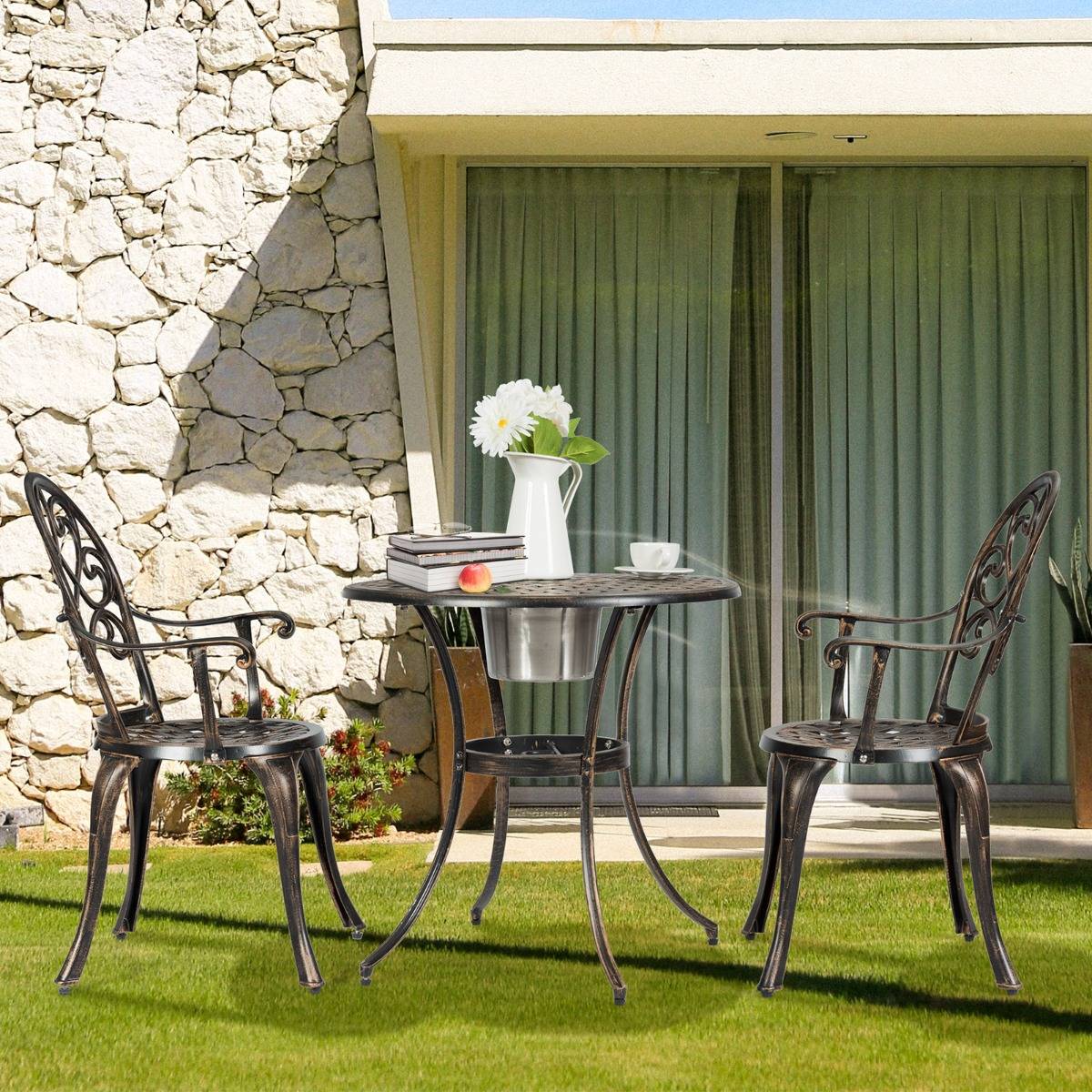 Ensemble 3 Pièces Salon de Jardin en Fonte d'Aluminium avec Seau à Glace Amovible Chaise avec Accoudoir Charge 100KG pour Balcon Terasse - Image 2