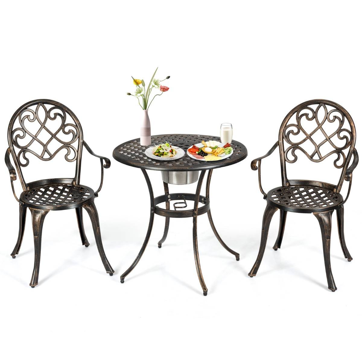 Ensemble 3 Pièces Salon de Jardin en Fonte d'Aluminium avec Seau à Glace Amovible Chaise avec Accoudoir Charge 100KG pour Balcon Terasse - Image 3