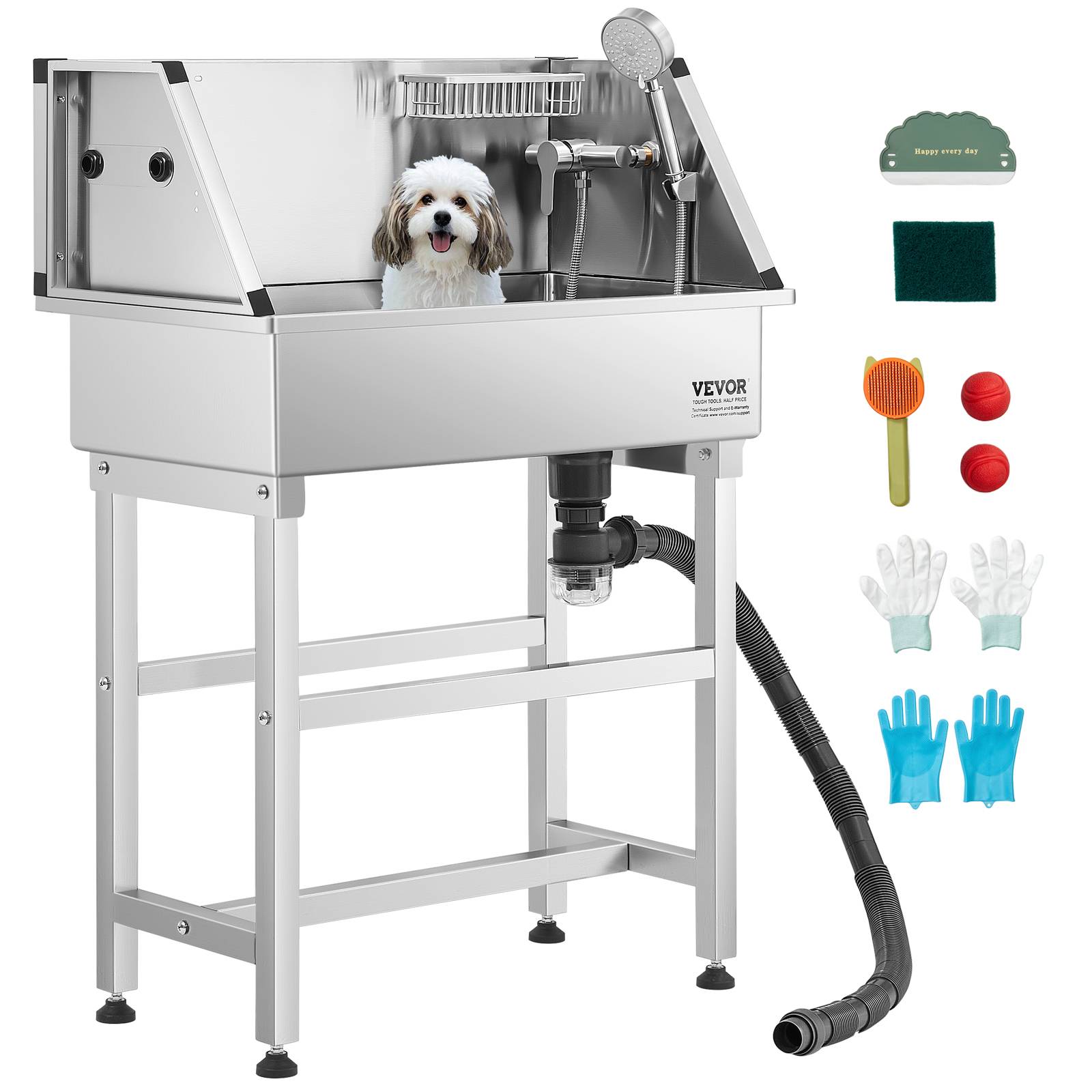 VEVOR Baignoire chien inox, 87 cm, station lavage, robinet, pommeau douche. Porte-savon. - Image 1