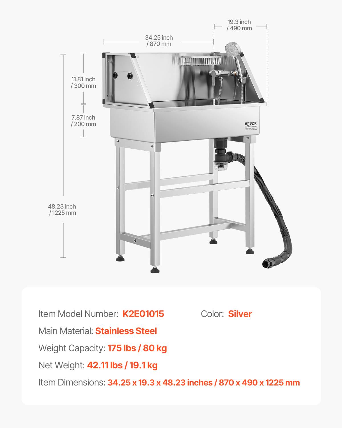VEVOR Baignoire chien inox, 87 cm, station lavage, robinet, pommeau douche. Porte-savon. - Image 7