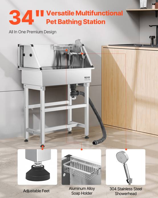 VEVOR Baignoire chien inox, 87 cm, station lavage, robinet, pommeau douche. Porte-savon. - Image 2