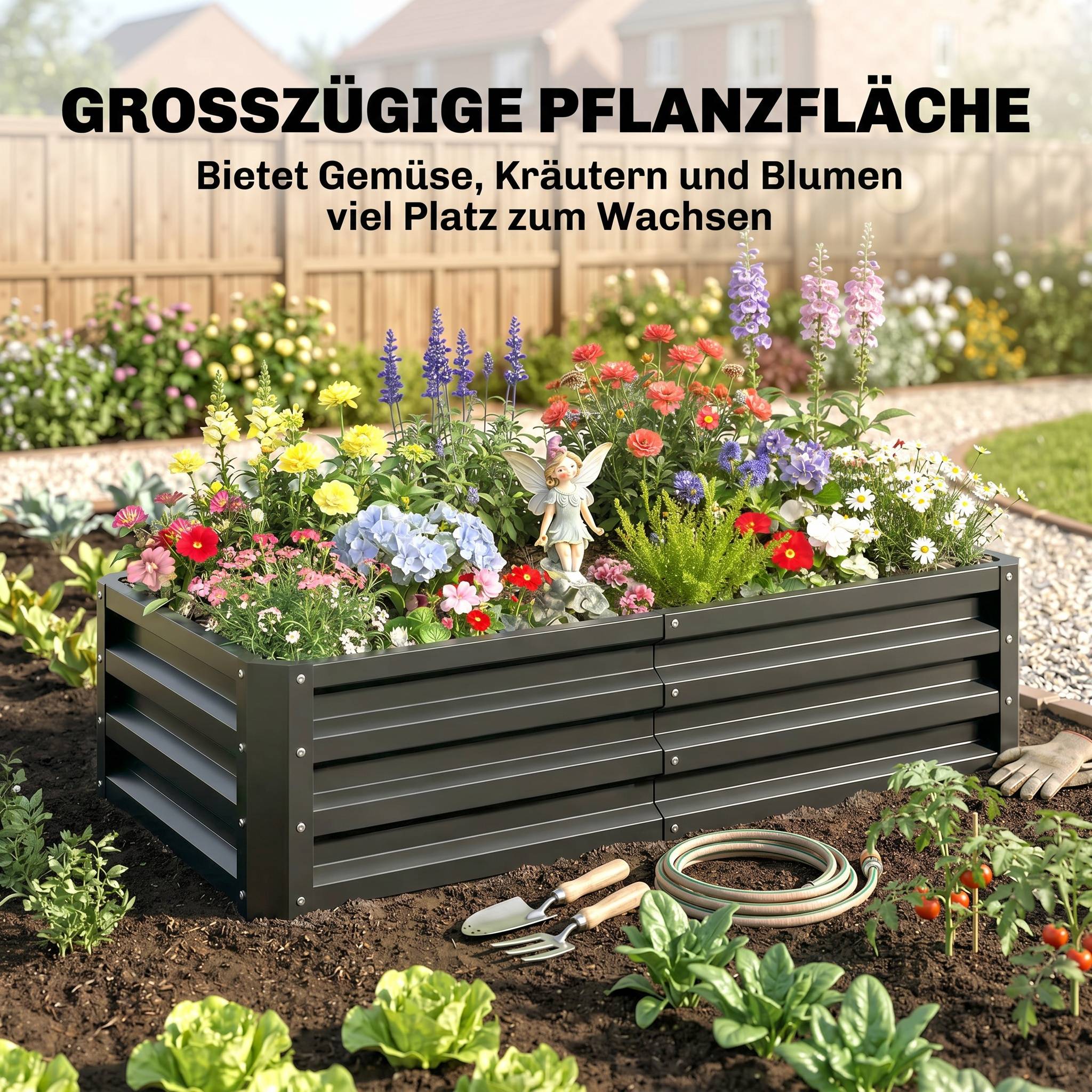 Jardinière surélevée, résistante intempéries, fond ouvert, acier galvanisé, 120x60x30,5 cm, gris - Image 6