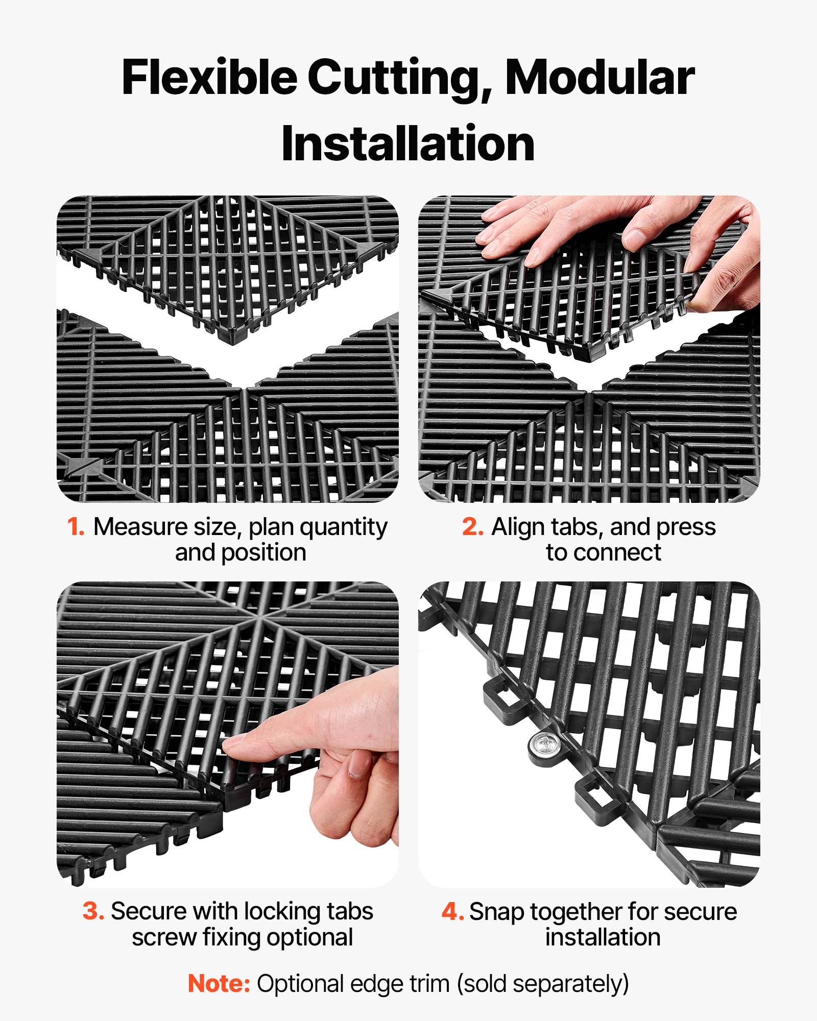Vevor - VEVOR Dalles de sol clipsables en PP, lot de 55, 310x310 mm, système emboîtable antidérapant pour garages, piscines, terrasses, noir. - Image 7