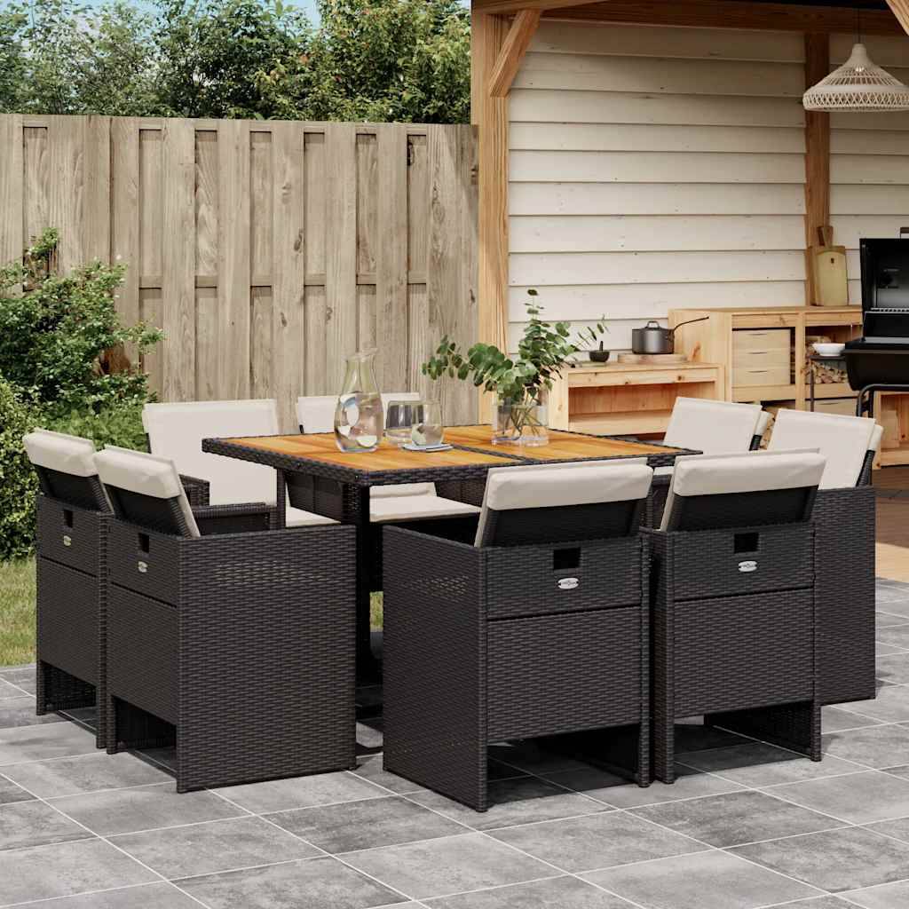 Ensemble Repas Compact 8 Places Gain de Place Table Bois et Fauteuils Noirs – ComfortXL Outdoor Living - Image 1