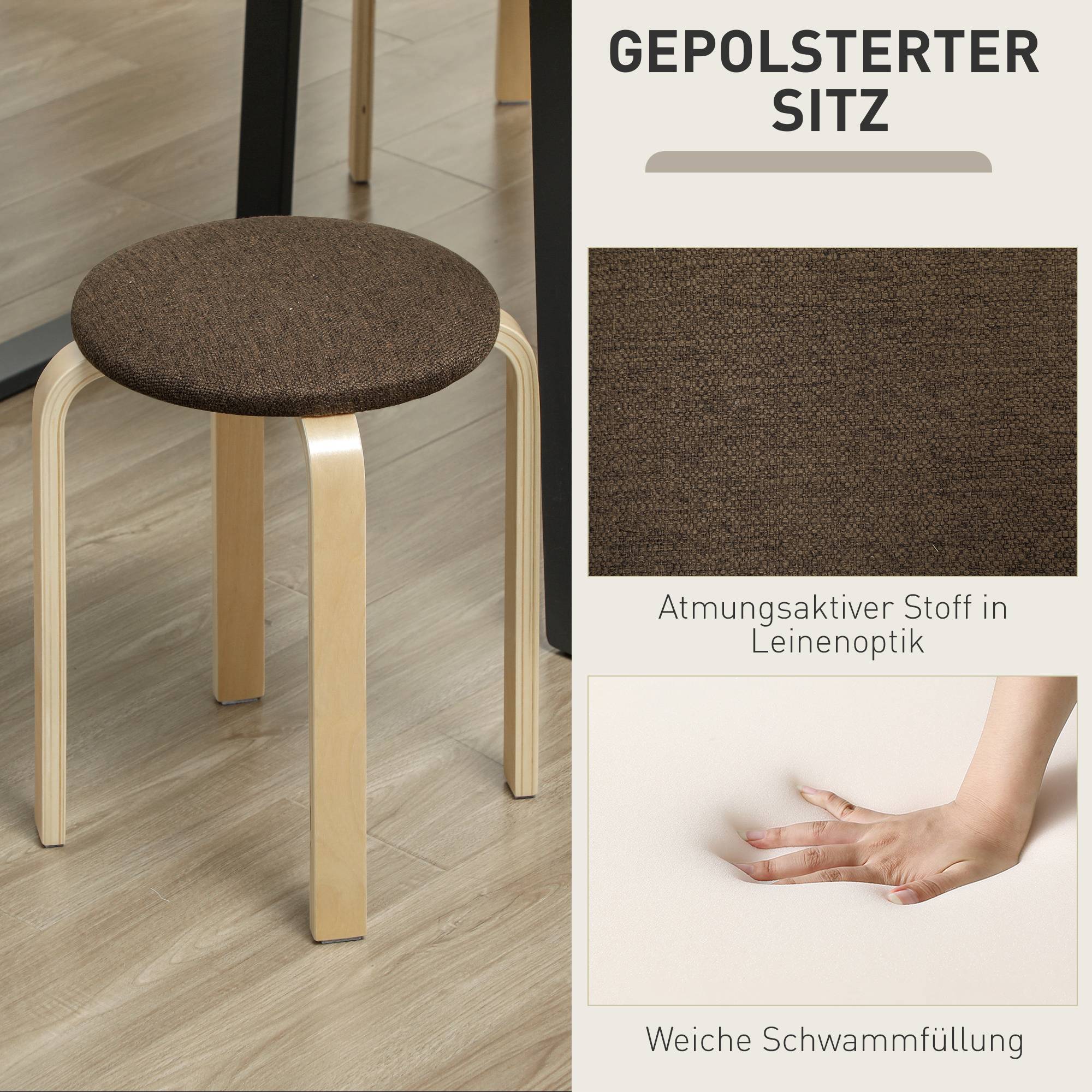Tabourets rembourrés, lot de 4, empilables, surface laquée, pieds en bois, marron - Image 7