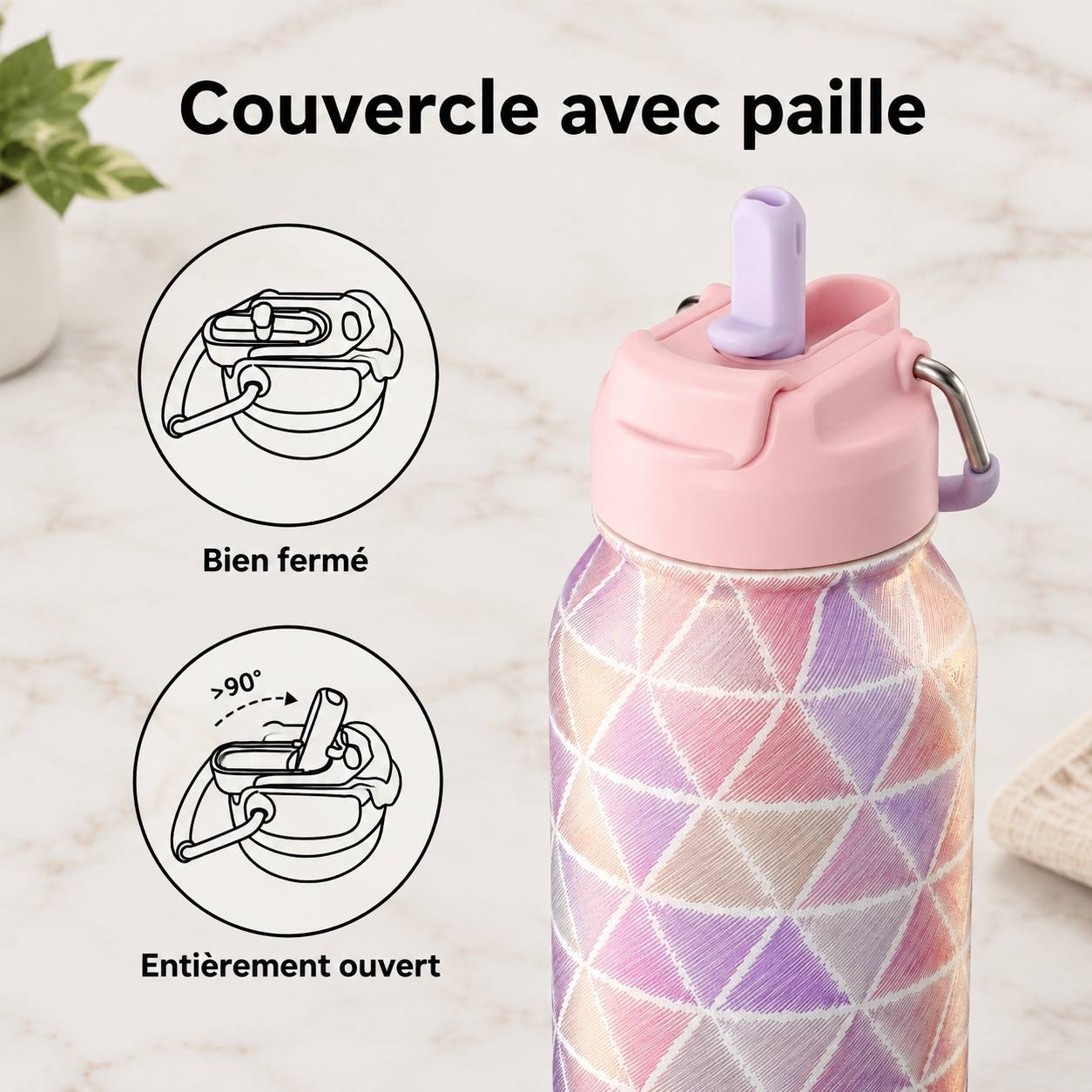 Bouteille Eau Acier Inoxydable 32oz Couvercle Double Usage Poignée Transport Facile - Image 2