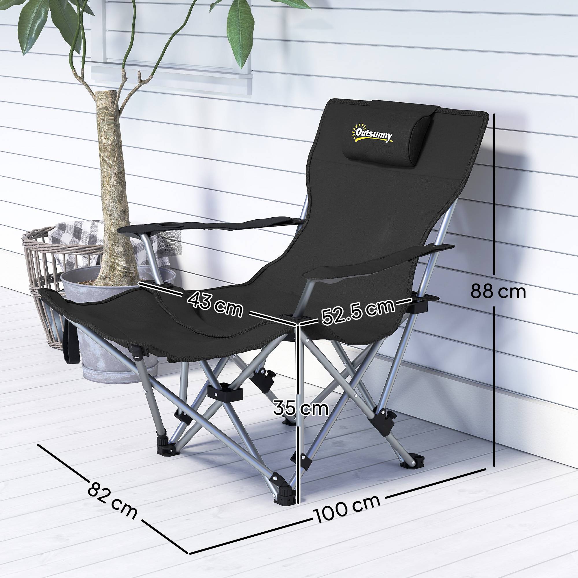 Chaise camping pliante inclinable, repose-pieds, appui-tête, porte-gobelet amovibles noire, confort modulable - Image 5