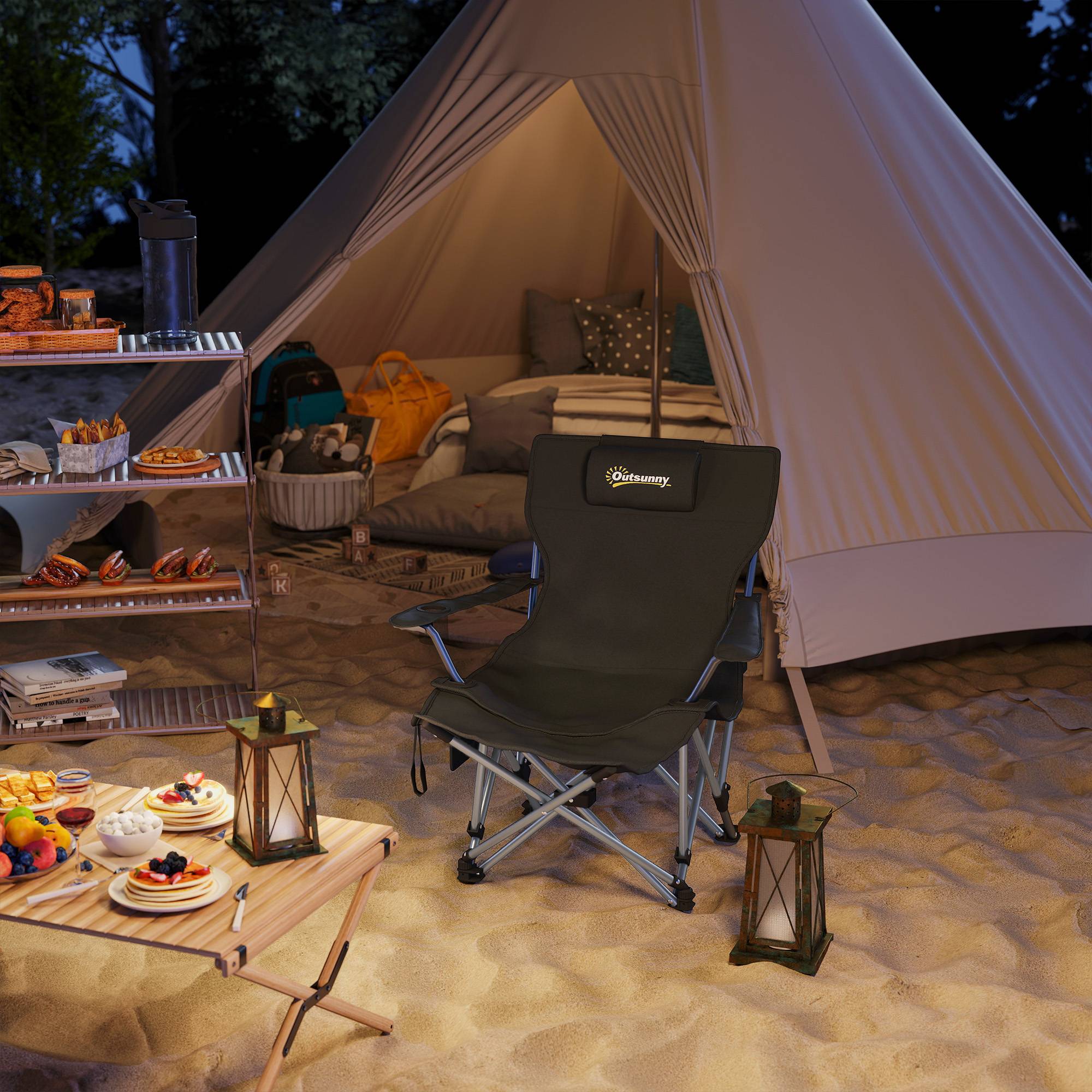 Chaise camping pliante inclinable, repose-pieds, appui-tête, porte-gobelet amovibles noire, confort modulable - Image 4