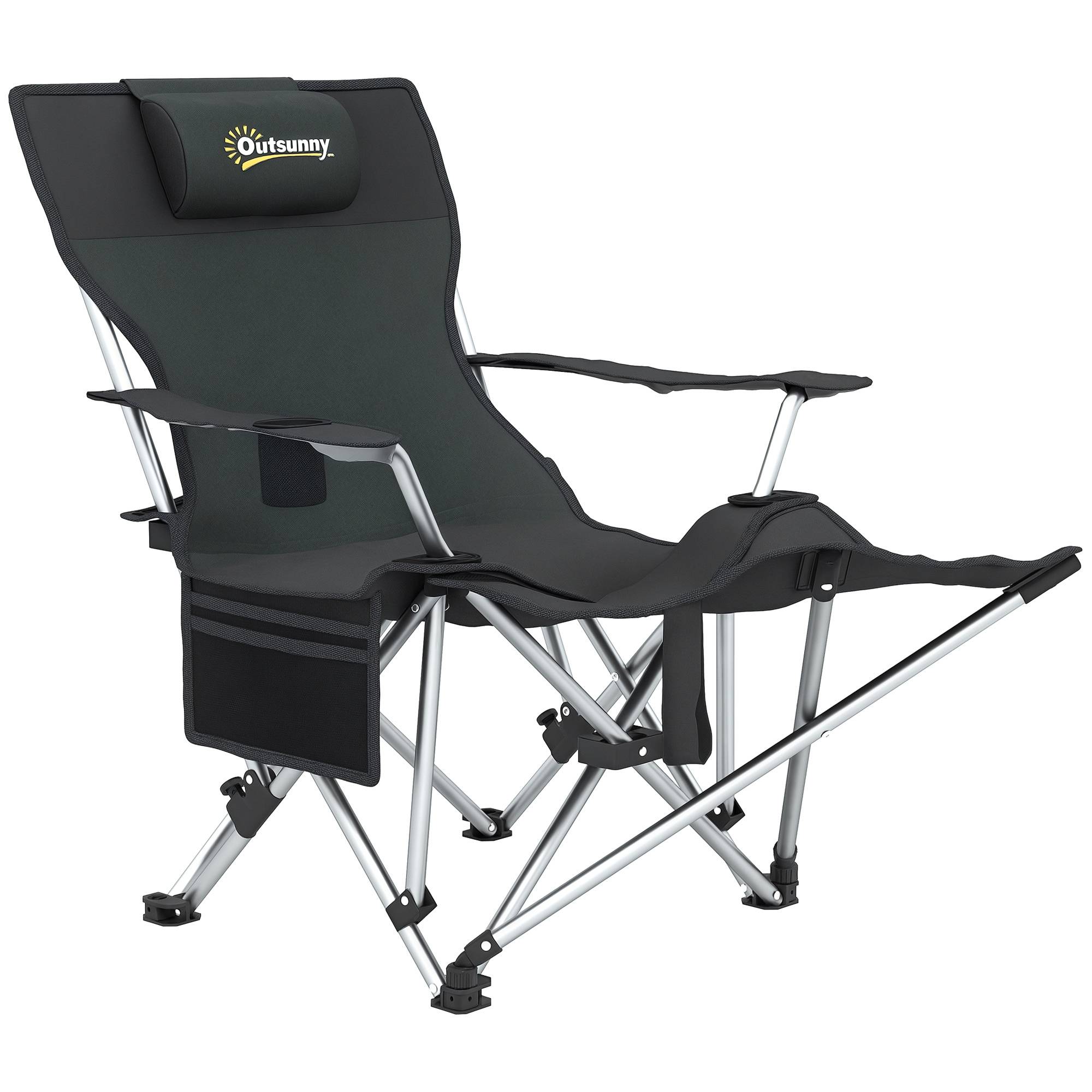 Chaise camping pliante inclinable, repose-pieds, appui-tête, porte-gobelet amovibles noire, confort modulable
