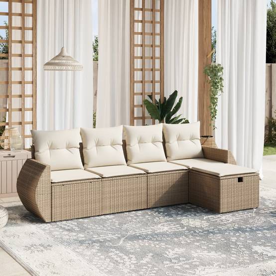Ensemble canapés de jardin 5 pièces poly rotin avec pouf et coussins déhoussables pour terrasse Beige – ComfortXL Outdoor Living - Image 1