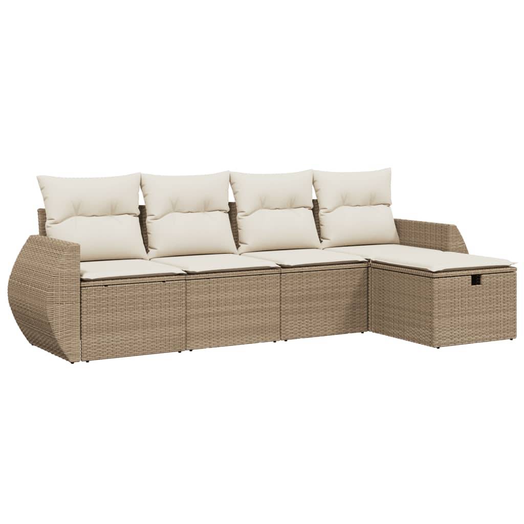 Ensemble canapés de jardin 5 pièces poly rotin avec pouf et coussins déhoussables pour terrasse Beige – ComfortXL Outdoor Living - Image 2