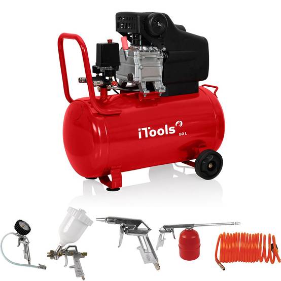 Compresseur d'air 50L à huile 8 bar 115 PSI Silencieux 2CV 1.5KW + Kit 5 accessoires air comprimé ITOOLS - Imagen 1