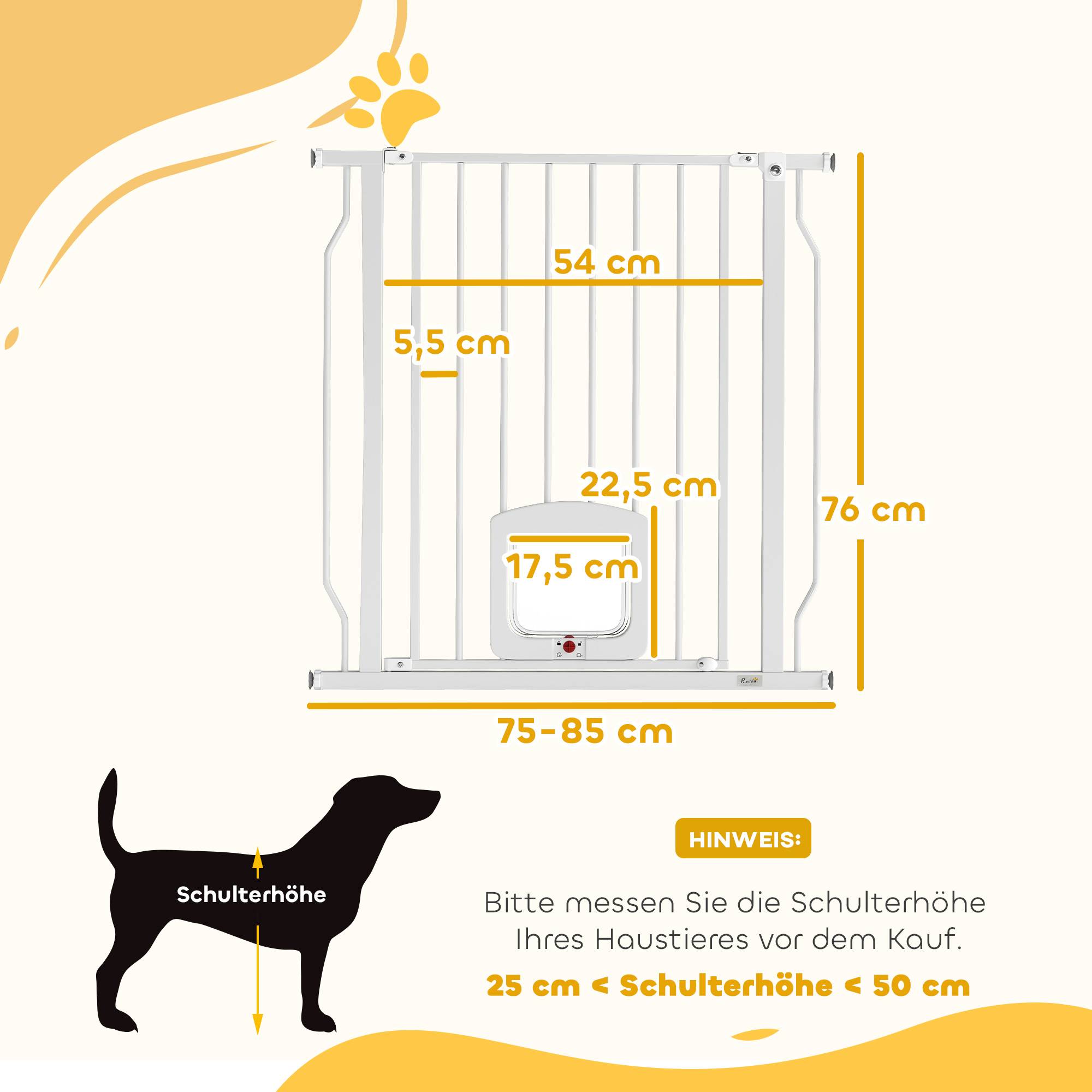 Barrière de sécurité escalier avec chatière, sans perçage, 75-85 cm, acier, chien, escaliers, blanc - Image 5