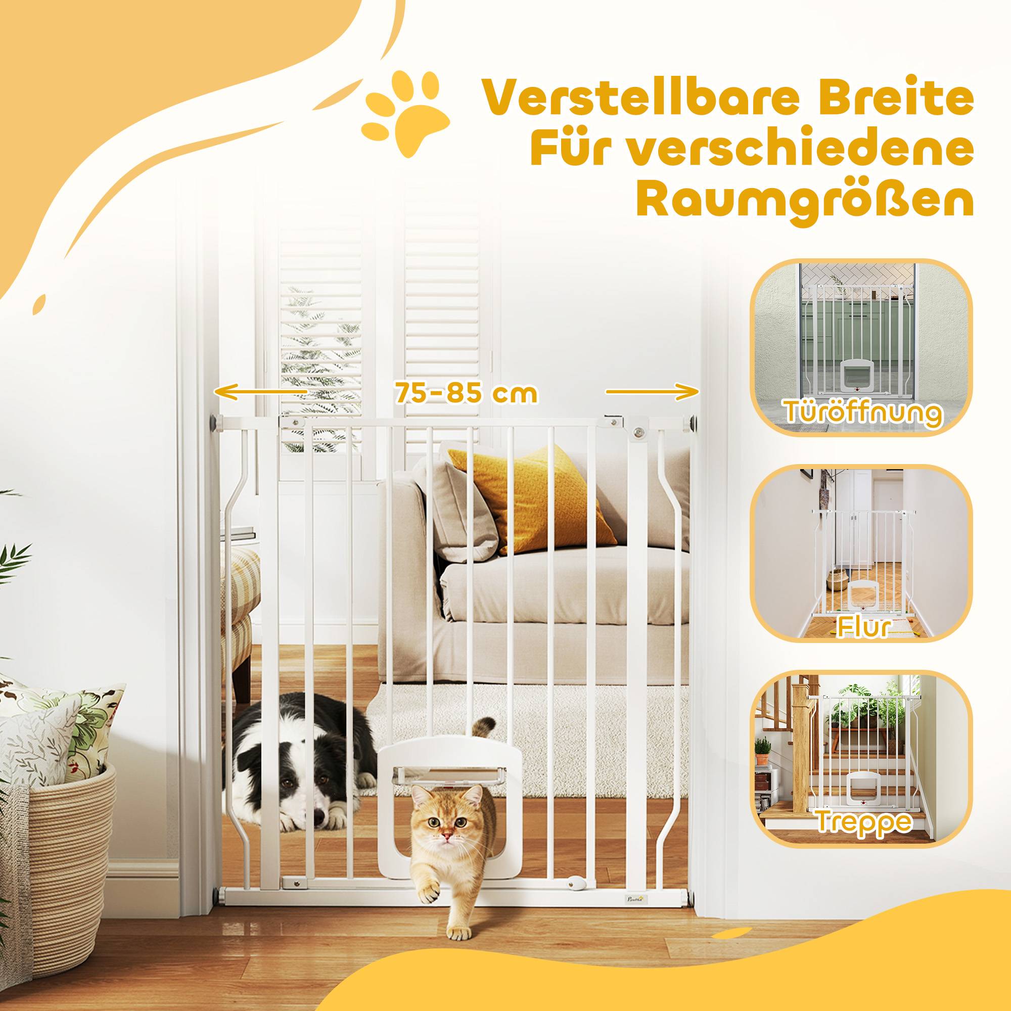 Barrière de sécurité escalier avec chatière, sans perçage, 75-85 cm, acier, chien, escaliers, blanc - Image 6