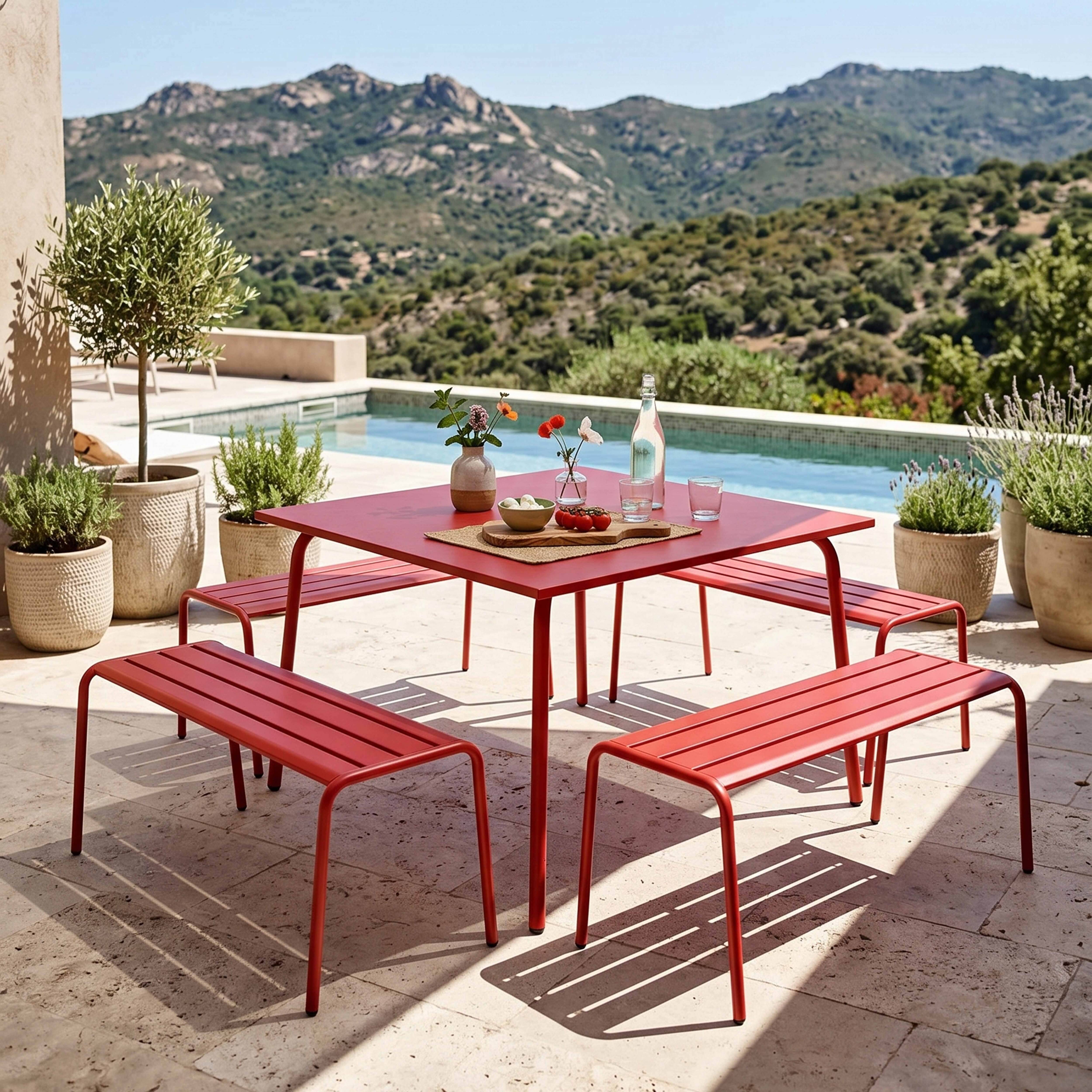 Oviala - Ensemble table de jardin carrée et 4 bancs en métal rouge Palavas - Oviala - Imagen 2