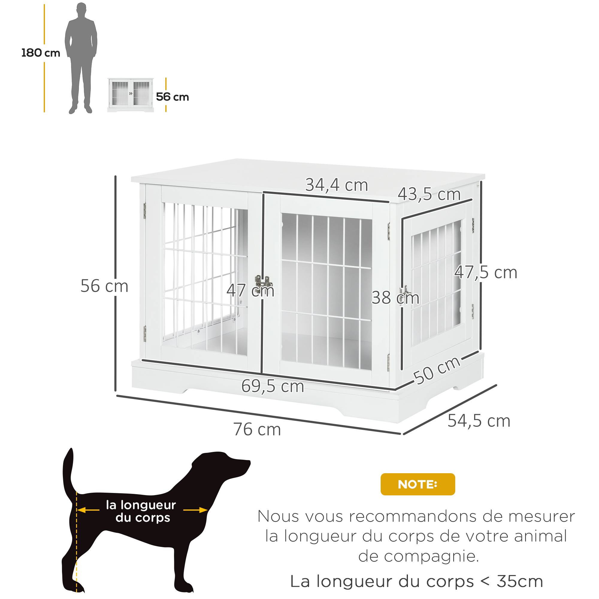 Pawhut - Cage pour chien animaux table d'appoint 2 en 1 - 2 portes verrouillables - dim. 76L x 54,5l x 56H cm - MDF acier blanc - Image 3