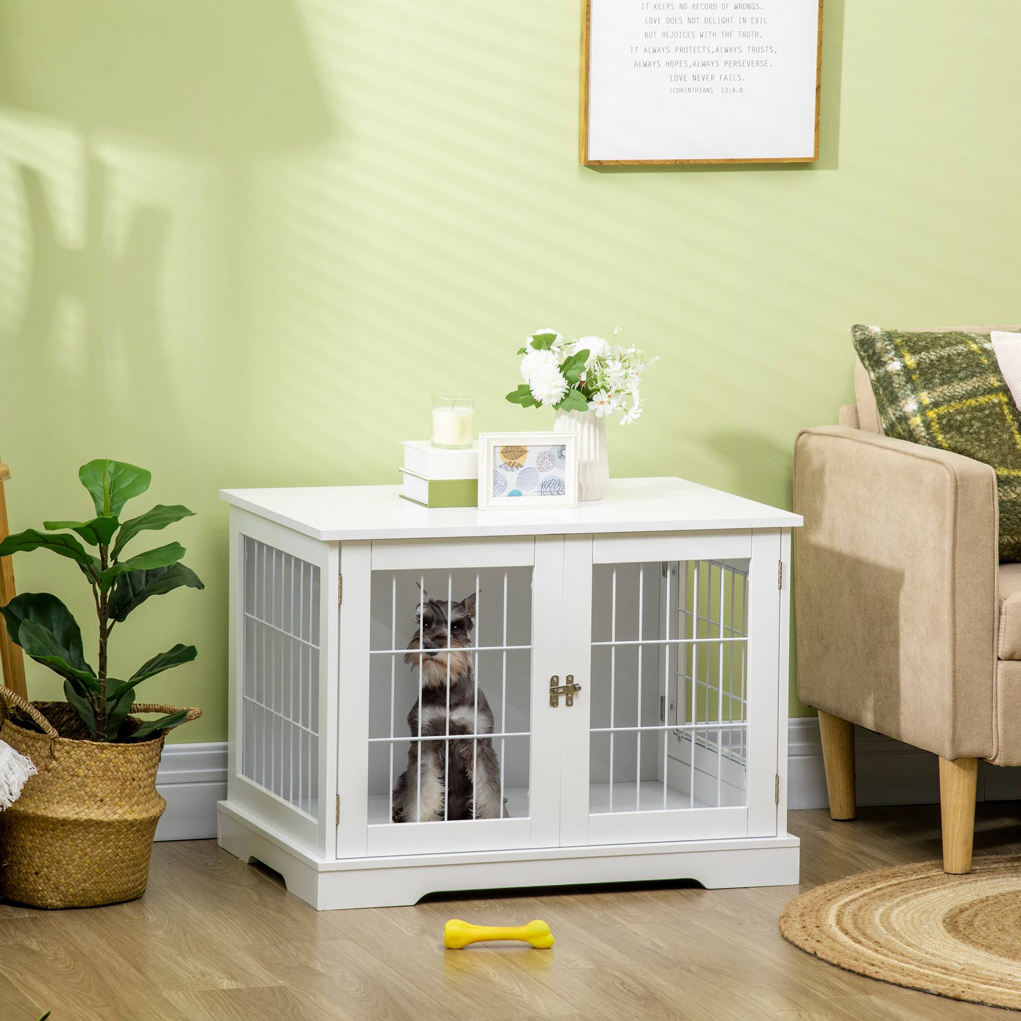 Pawhut - Cage pour chien animaux table d'appoint 2 en 1 - 2 portes verrouillables - dim. 76L x 54,5l x 56H cm - MDF acier blanc - Image 2