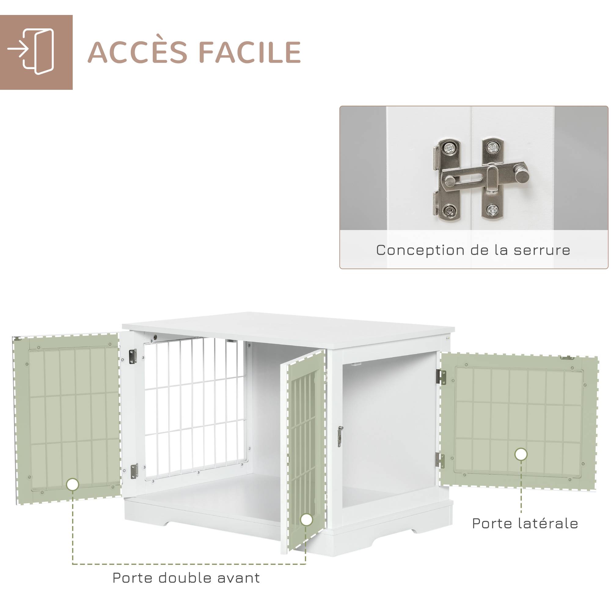 Pawhut - Cage pour chien animaux table d'appoint 2 en 1 - 2 portes verrouillables - dim. 76L x 54,5l x 56H cm - MDF acier blanc - Image 5