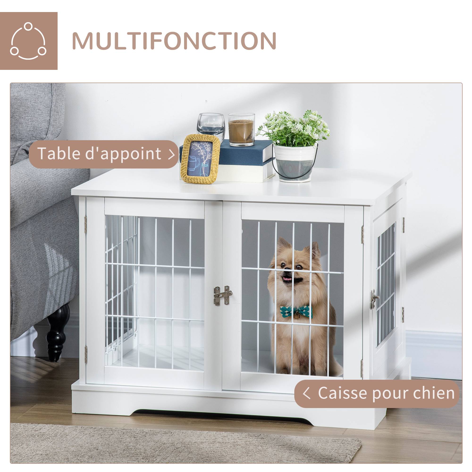 Pawhut - Cage pour chien animaux table d'appoint 2 en 1 - 2 portes verrouillables - dim. 76L x 54,5l x 56H cm - MDF acier blanc - Image 4