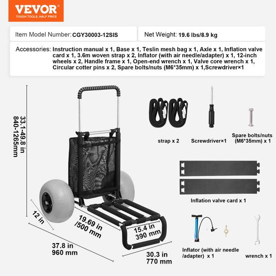 Vevor - VEVOR Chariot plage roues ballons 304 mm, plateau 760x390 mm, pliable, charge 74.8 kg, hauteur 685-1135 mm. - Image 7