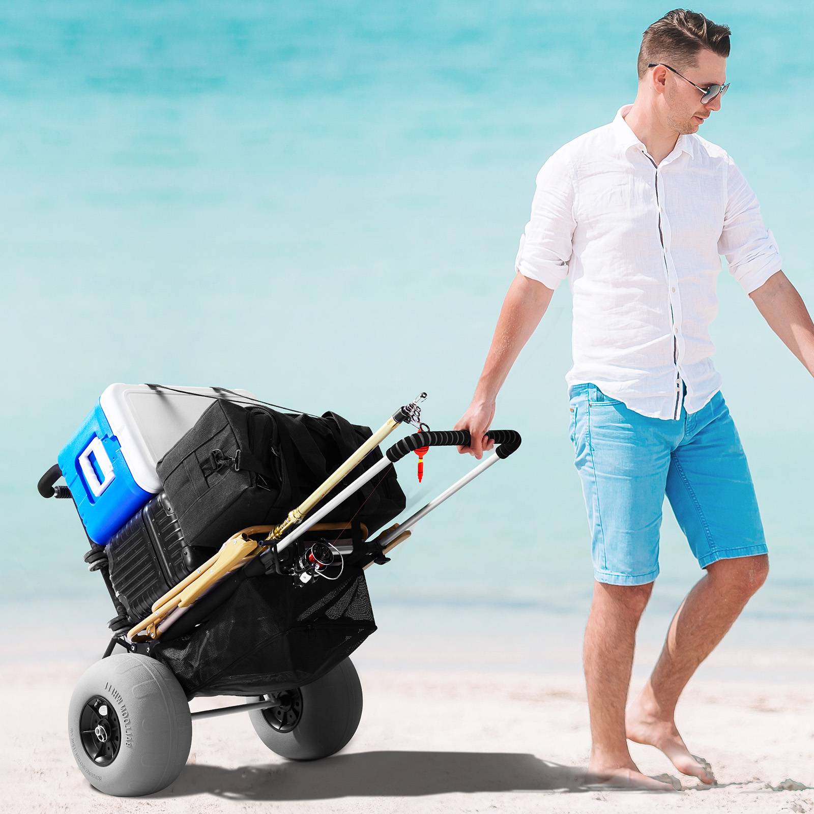 Vevor - VEVOR Chariot plage roues ballons 304 mm, plateau 760x390 mm, pliable, charge 74.8 kg, hauteur 685-1135 mm. - Image 8