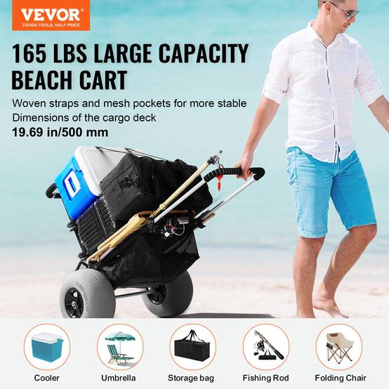 Vevor - VEVOR Chariot plage roues ballons 304 mm, plateau 760x390 mm, pliable, charge 74.8 kg, hauteur 685-1135 mm. - Image 2