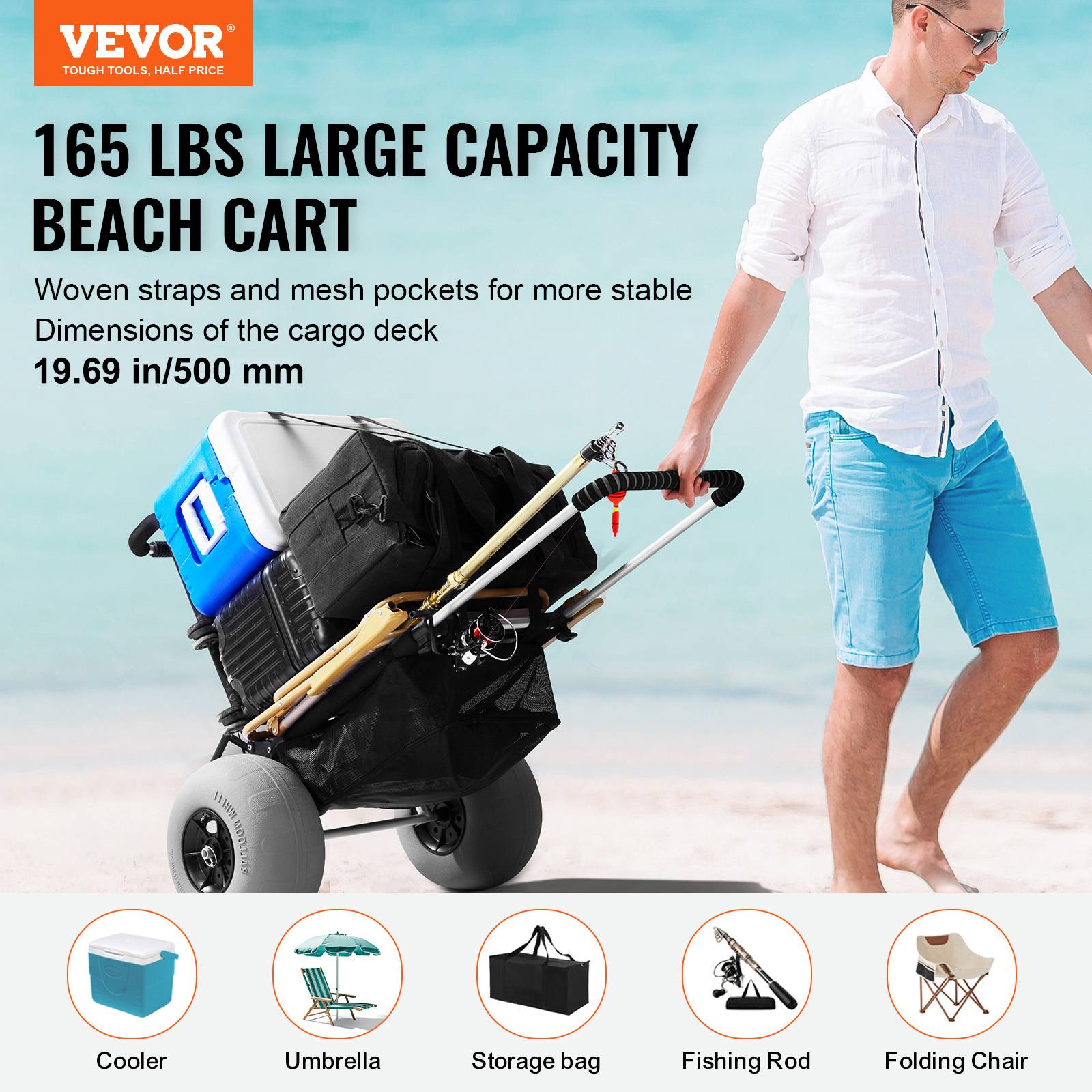 Vevor - VEVOR Chariot plage roues ballons 304 mm, plateau 760x390 mm, pliable, charge 74.8 kg, hauteur 685-1135 mm. - Image 2