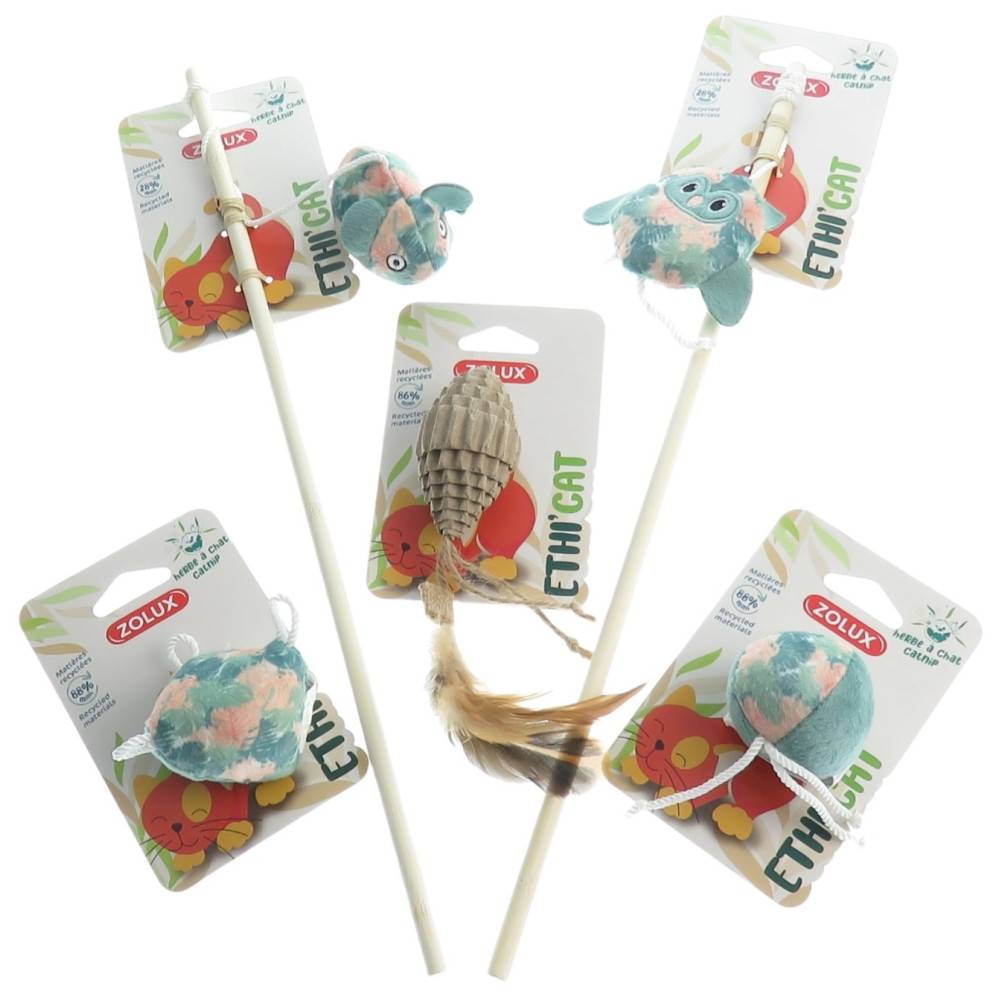 2 cannes à pêche tissu feuille vert et 3 jouets , jouet pour chat - Image 1