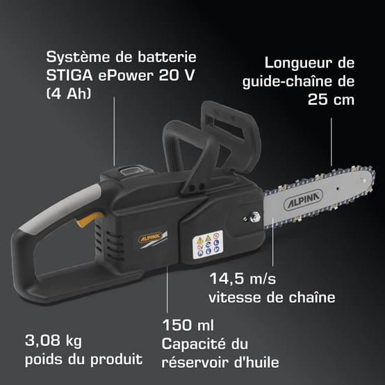 Alpina - Kit tronçonneuse ACS 20 Li, moteur 700W, guide 25cm, batterie STIGA 20V 4Ah - ALPINA - Image 6