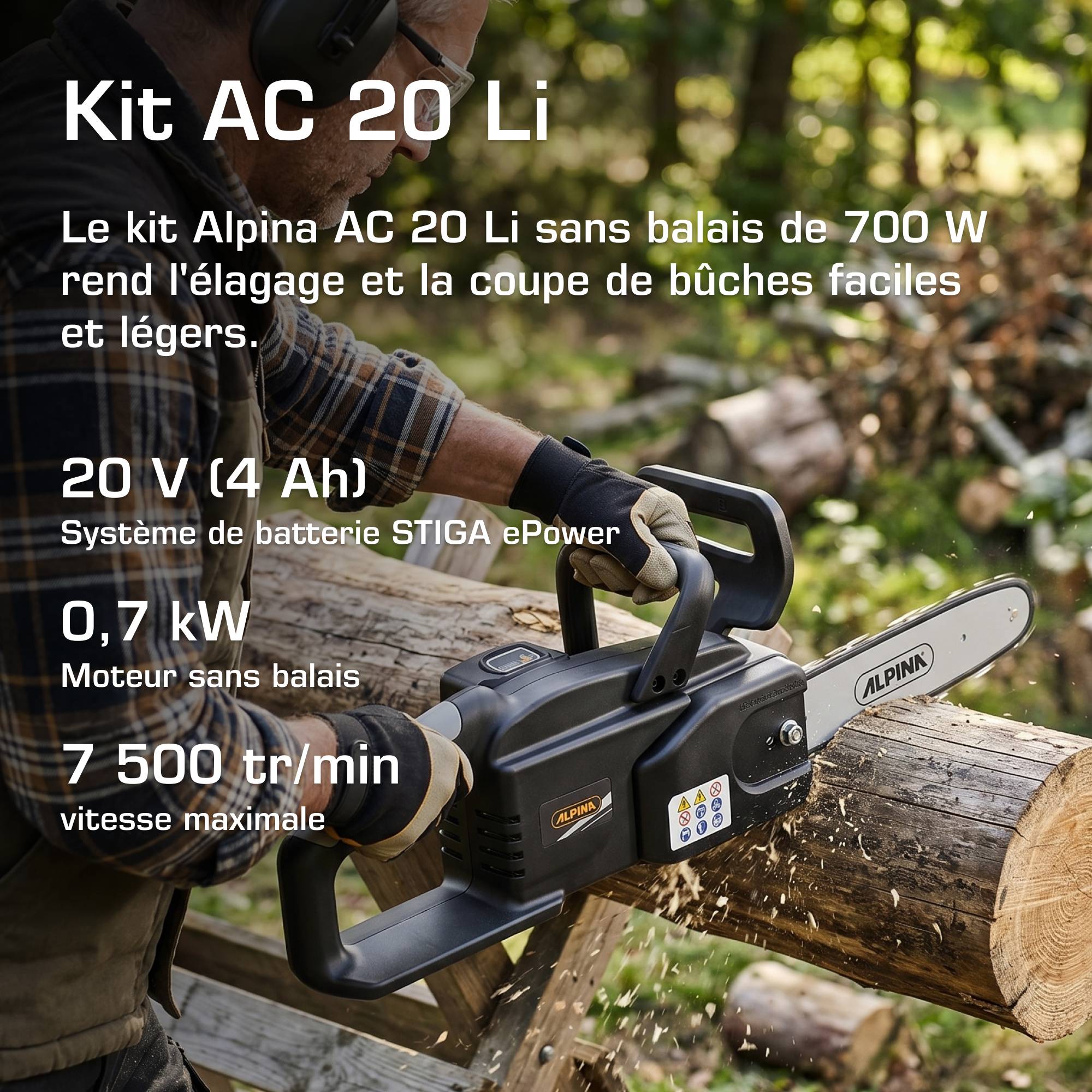 Alpina - Kit tronçonneuse ACS 20 Li, moteur 700W, guide 25cm, batterie STIGA 20V 4Ah - ALPINA - Image 2