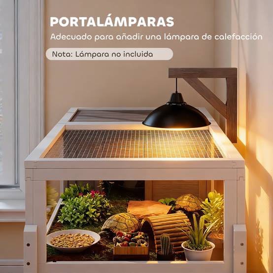 Maison en bois pour tortues avec toit en filet, plateau amovible et support de lampe, 104 x 53 x 82 cm, gris et blanc - Image 9