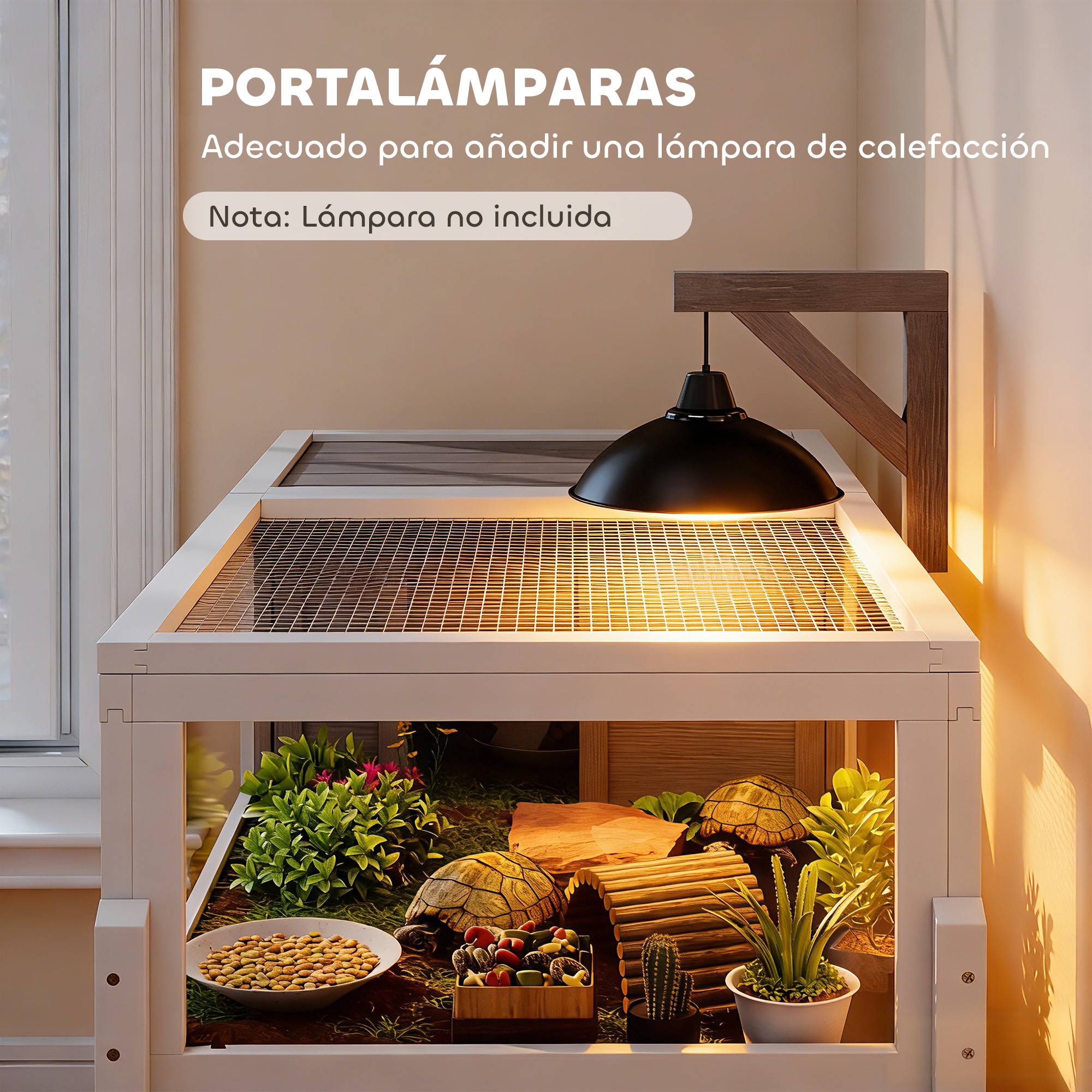 Maison en bois pour tortues avec toit en filet, plateau amovible et support de lampe, 104 x 53 x 82 cm, gris et blanc - Image 9