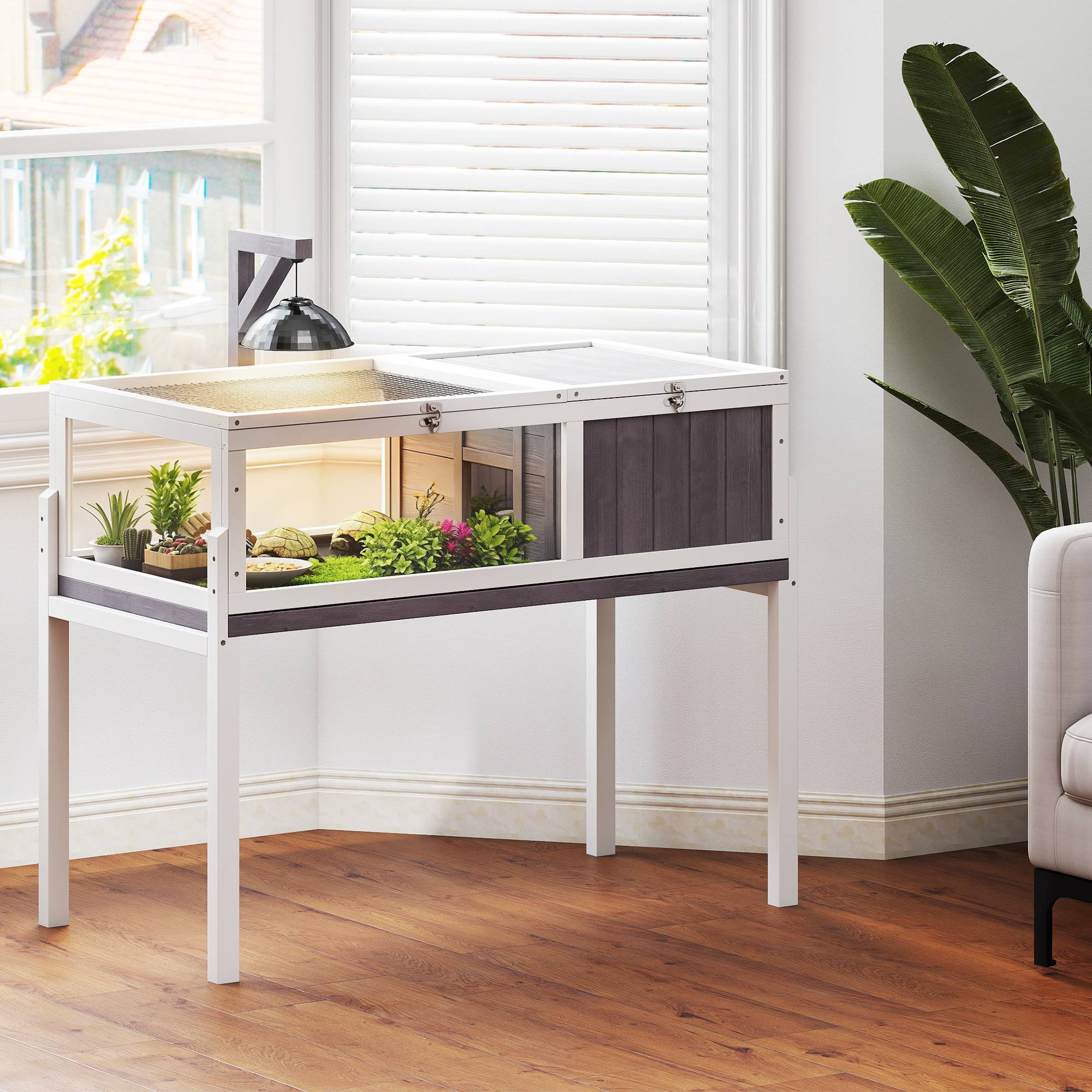 Maison en bois pour tortues avec toit en filet, plateau amovible et support de lampe, 104 x 53 x 82 cm, gris et blanc - Image 3