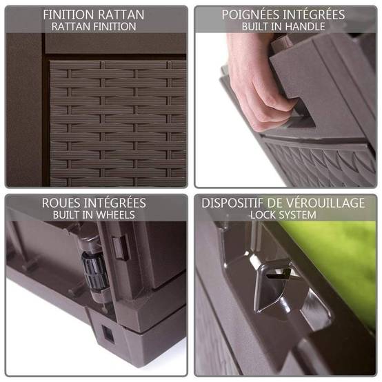 Coffre de Rangement Exterieur 310L en PP 119x48x60CM Style Polyrotin Marron - Image 3