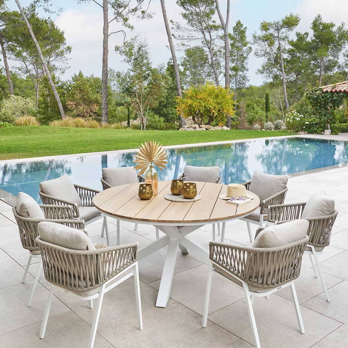 Hesperide - Table de jardin ronde "Oriengo" acacia & blanc 8 places en aluminium traité époxy - Hespéride - Image 1