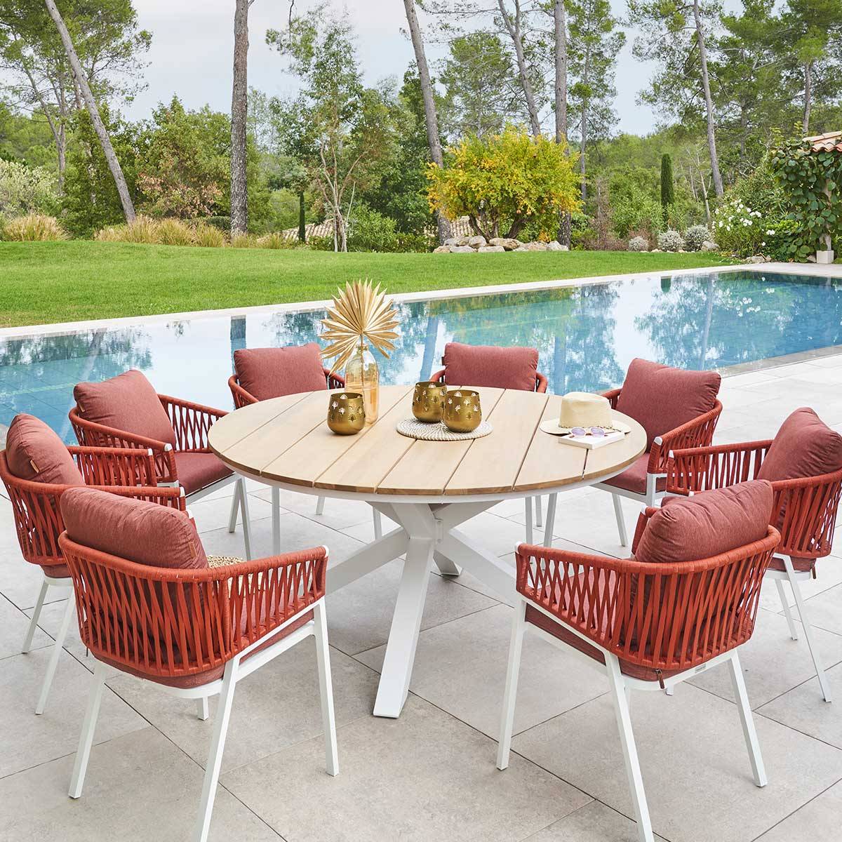 Hesperide - Table de jardin ronde "Oriengo" acacia & blanc 8 places en aluminium traité époxy - Hespéride - Image 5