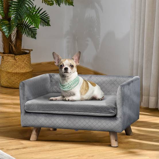 Sans Marque - Canapé chien lit divan velours dossier pieds bois coussin petits chiens 64x45x36 cm gris foncé - Image 3