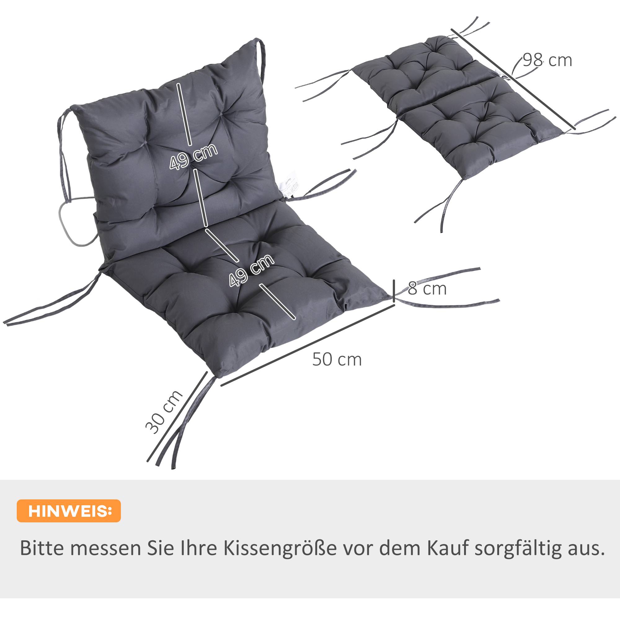 Lot de 2 coussins d’assise 98x50x8 cm, rembourrés avec attaches, lavables, gris - Image 5