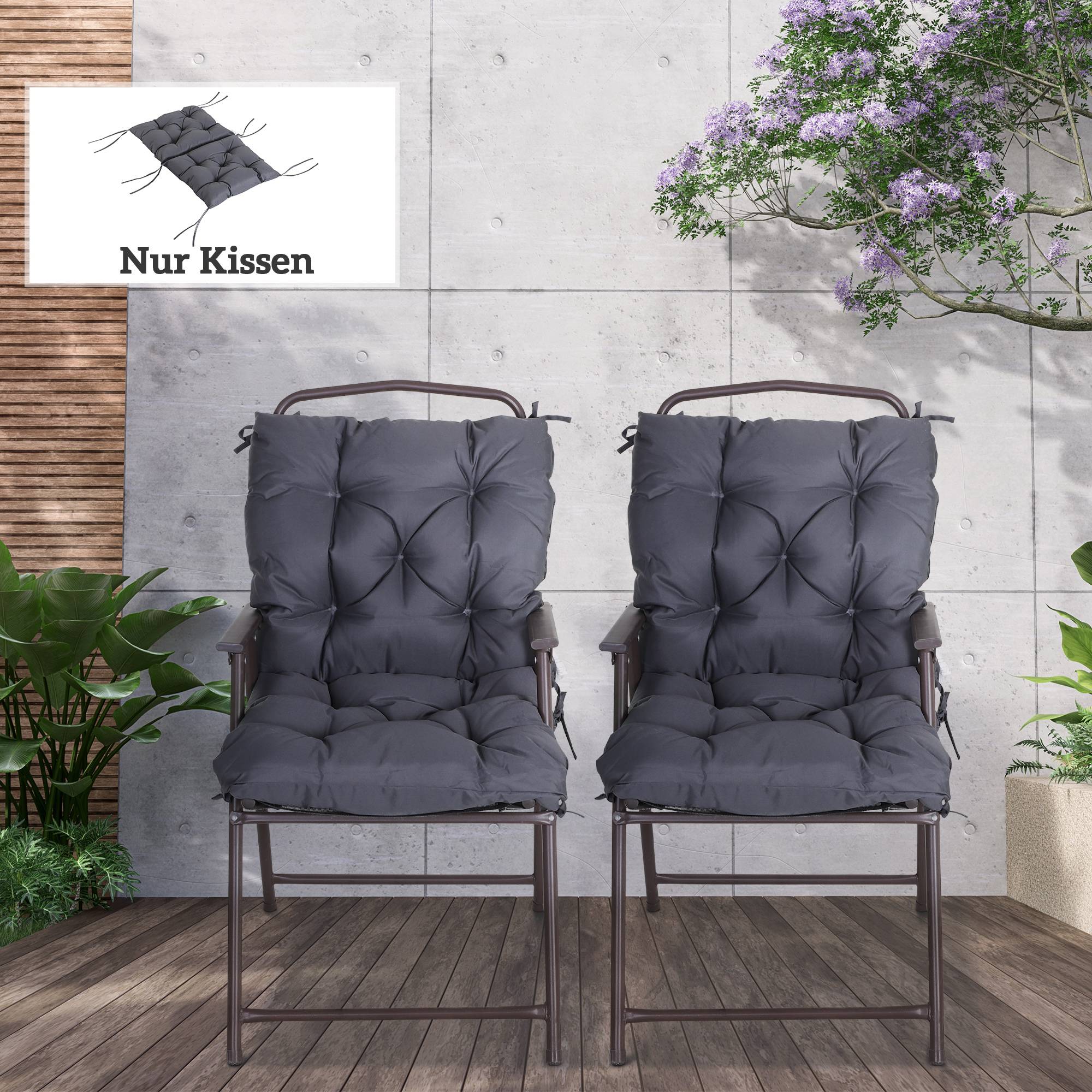 Lot de 2 coussins d’assise 98x50x8 cm, rembourrés avec attaches, lavables, gris - Image 4