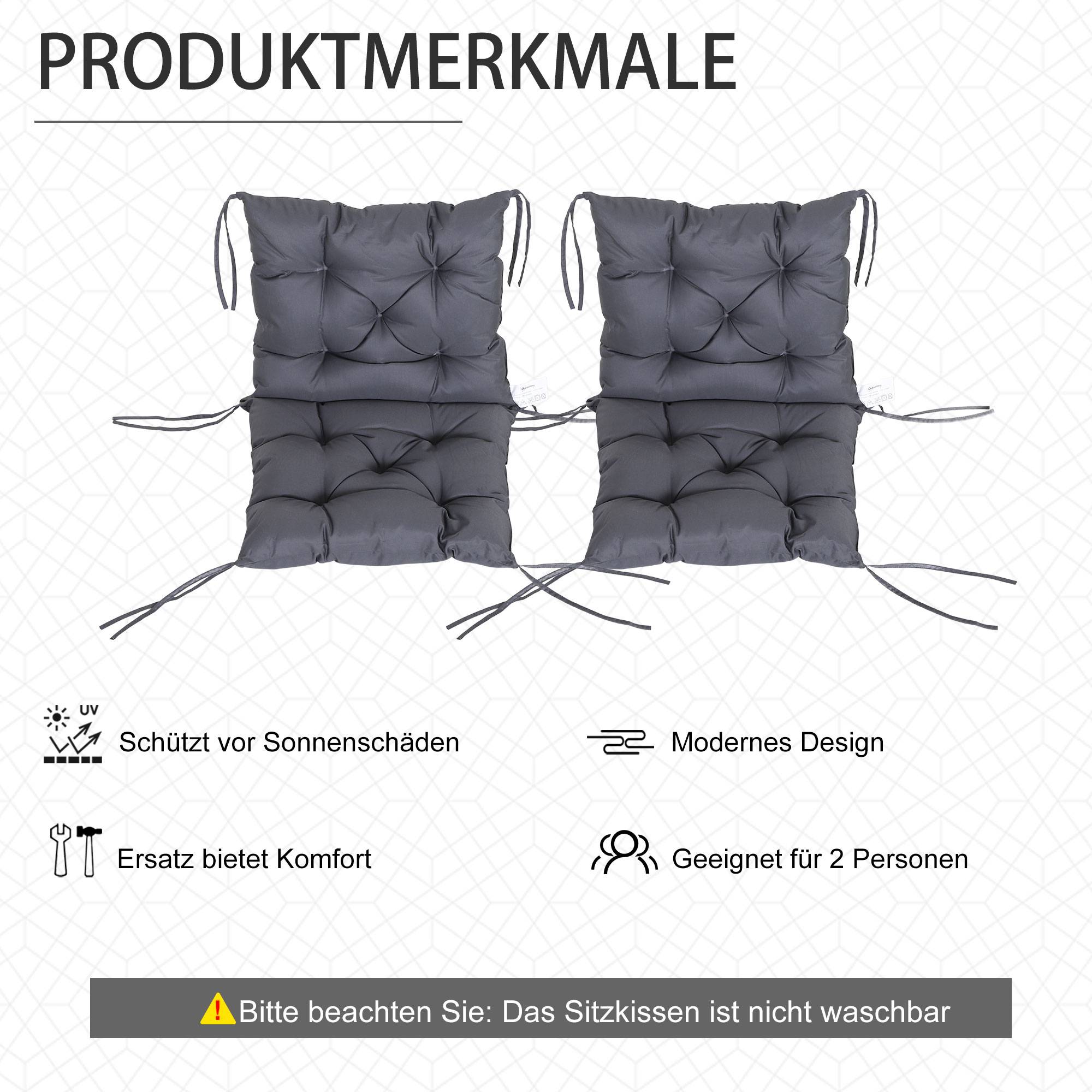 Lot de 2 coussins d’assise 98x50x8 cm, rembourrés avec attaches, lavables, gris - Image 7