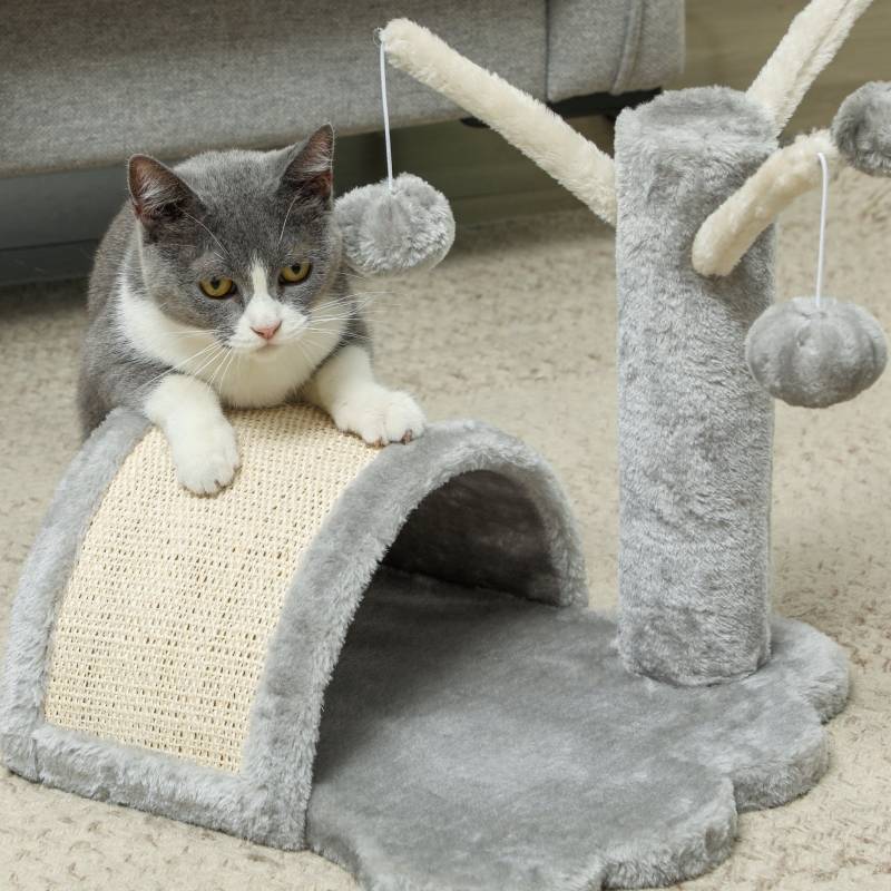 Petit arbre à chat 40cm avec grotte, 2 balles et tapis à griffer pour petits et grands chats gris clair - Image 7