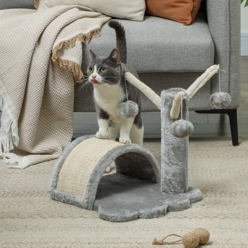 Petit arbre à chat 40cm avec grotte, 2 balles et tapis à griffer pour petits et grands chats gris clair - Image 6